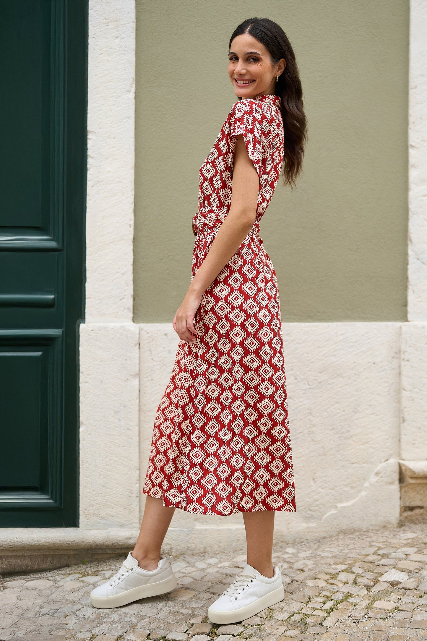 Red Viscose Midi Shirt Dress with Matching Belt