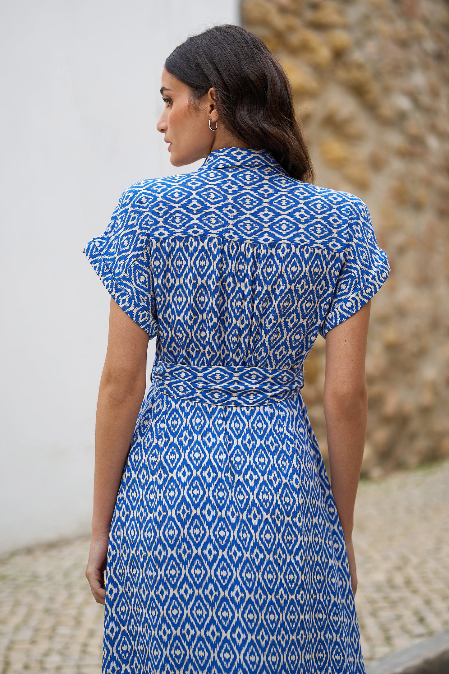 Blue Viscose Midi Shirt Dress With Matching Belt