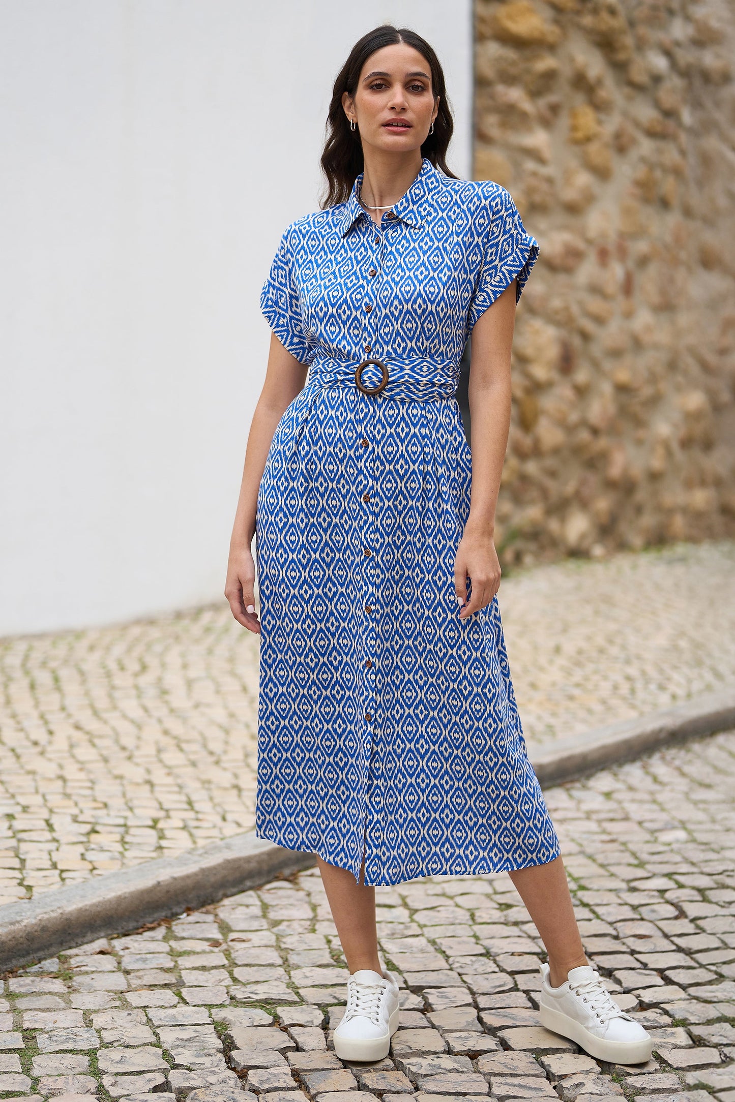 Blue Viscose Midi Shirt Dress With Matching Belt