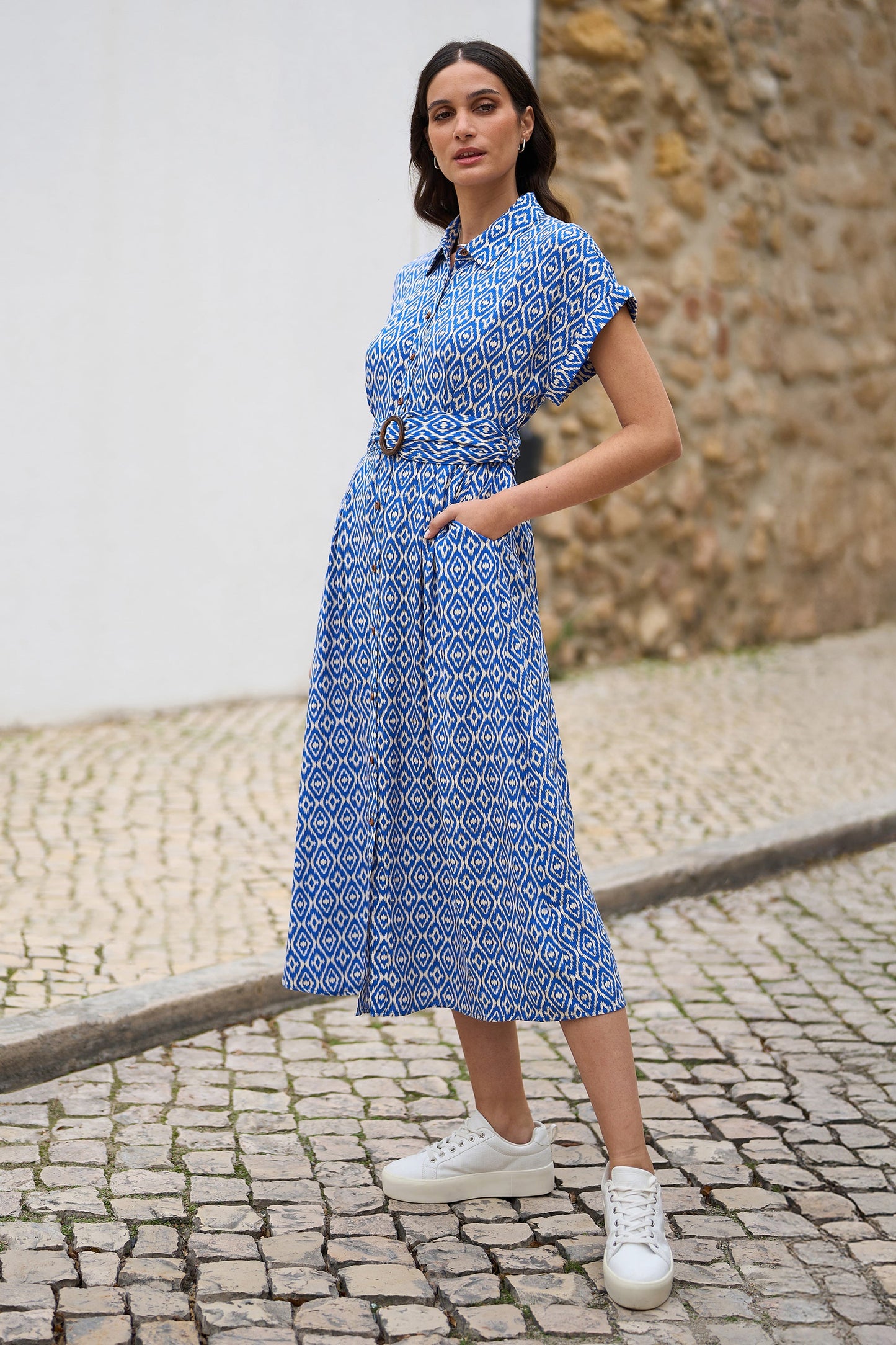 Blue Viscose Midi Shirt Dress With Matching Belt