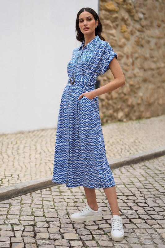 Blue Viscose Midi Shirt Dress With Matching Belt