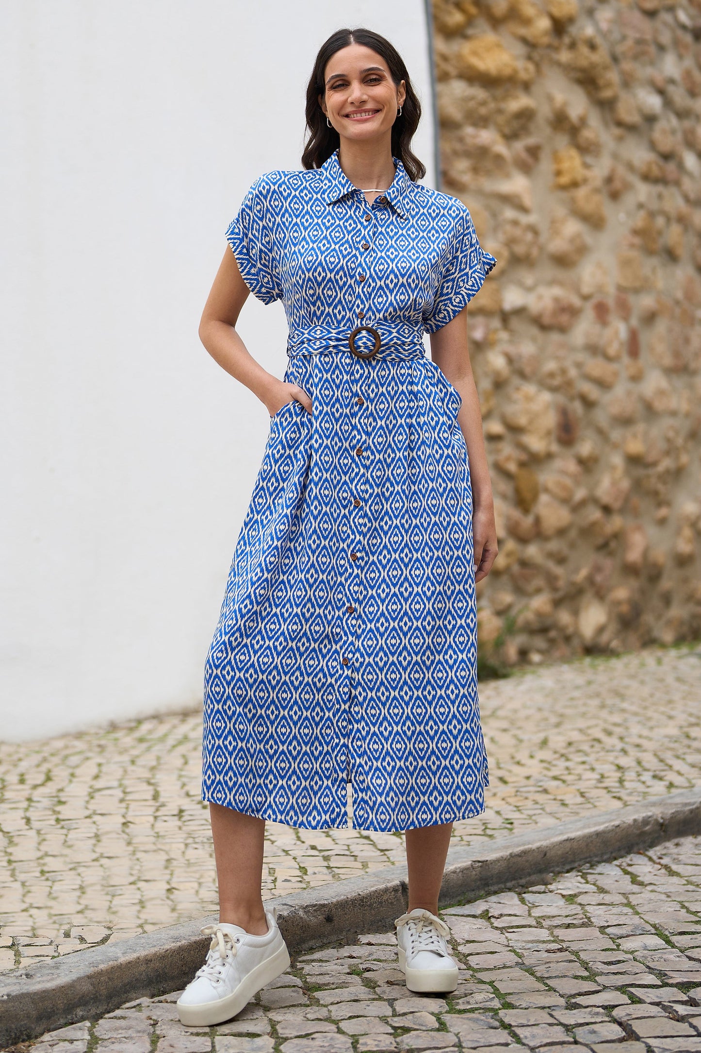 Blue Viscose Midi Shirt Dress With Matching Belt