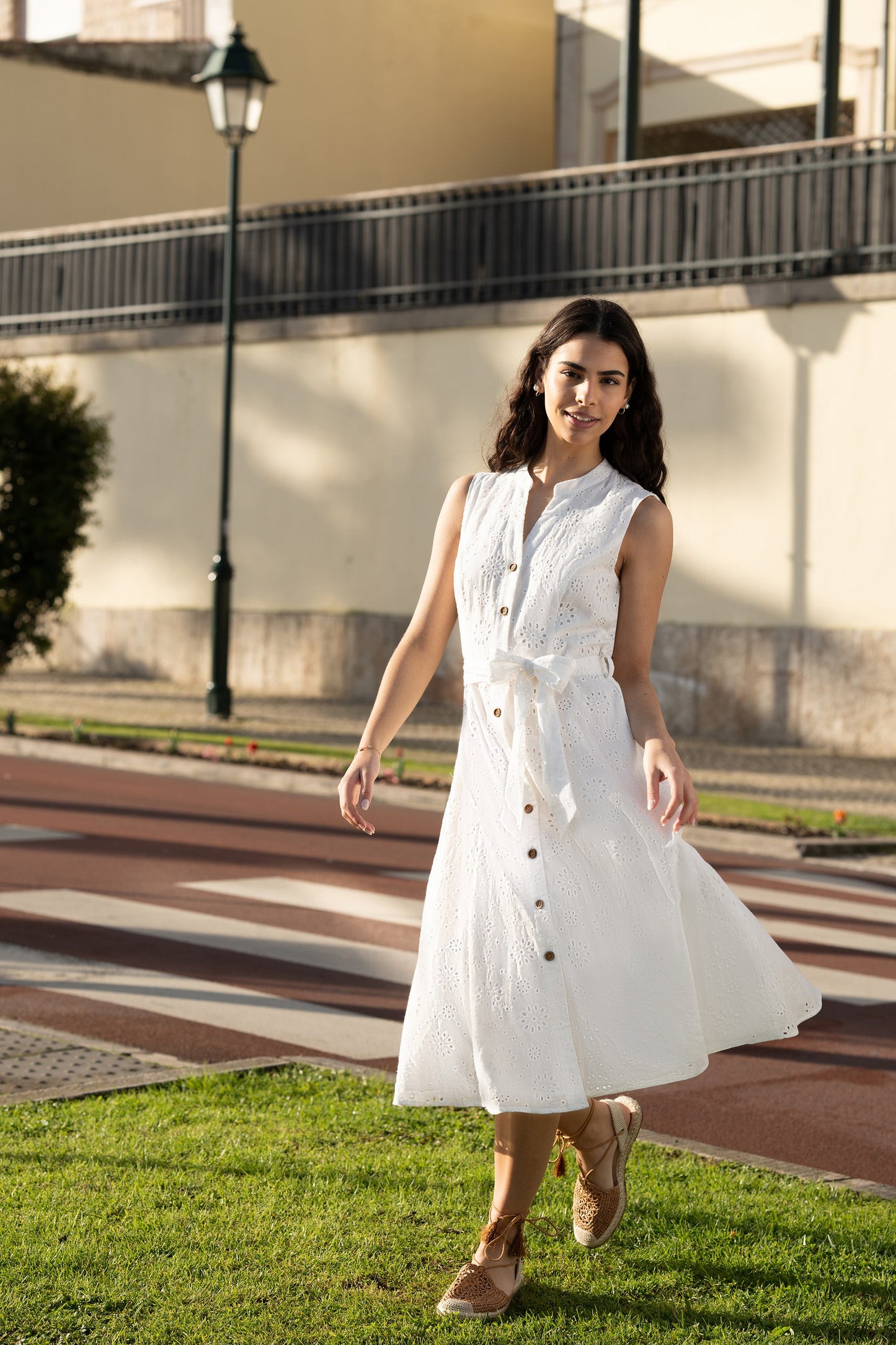 White Flower Broderie Anglaise Cotton Shirt Dress