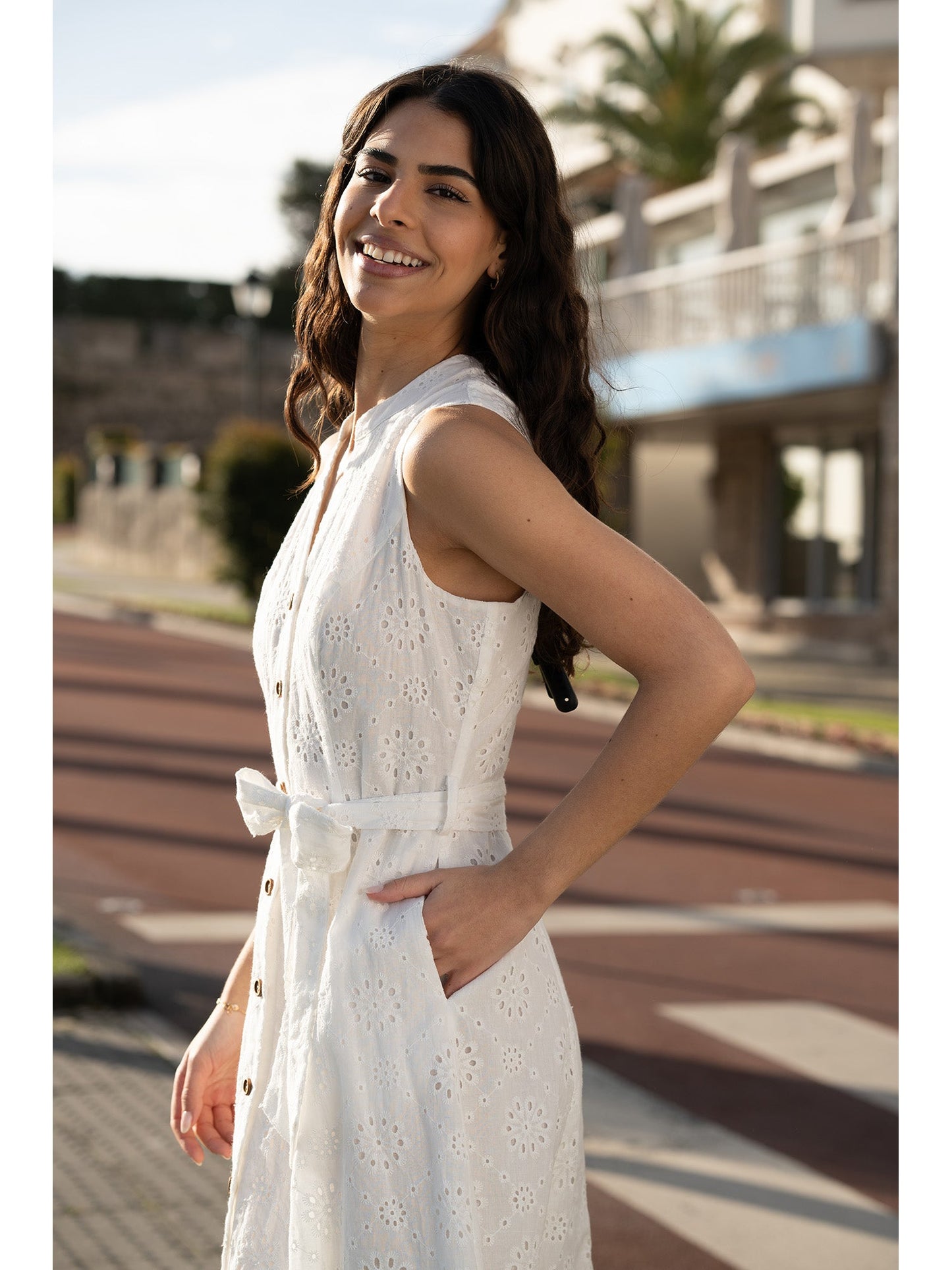 White Flower Broderie Anglaise Cotton Shirt Dress