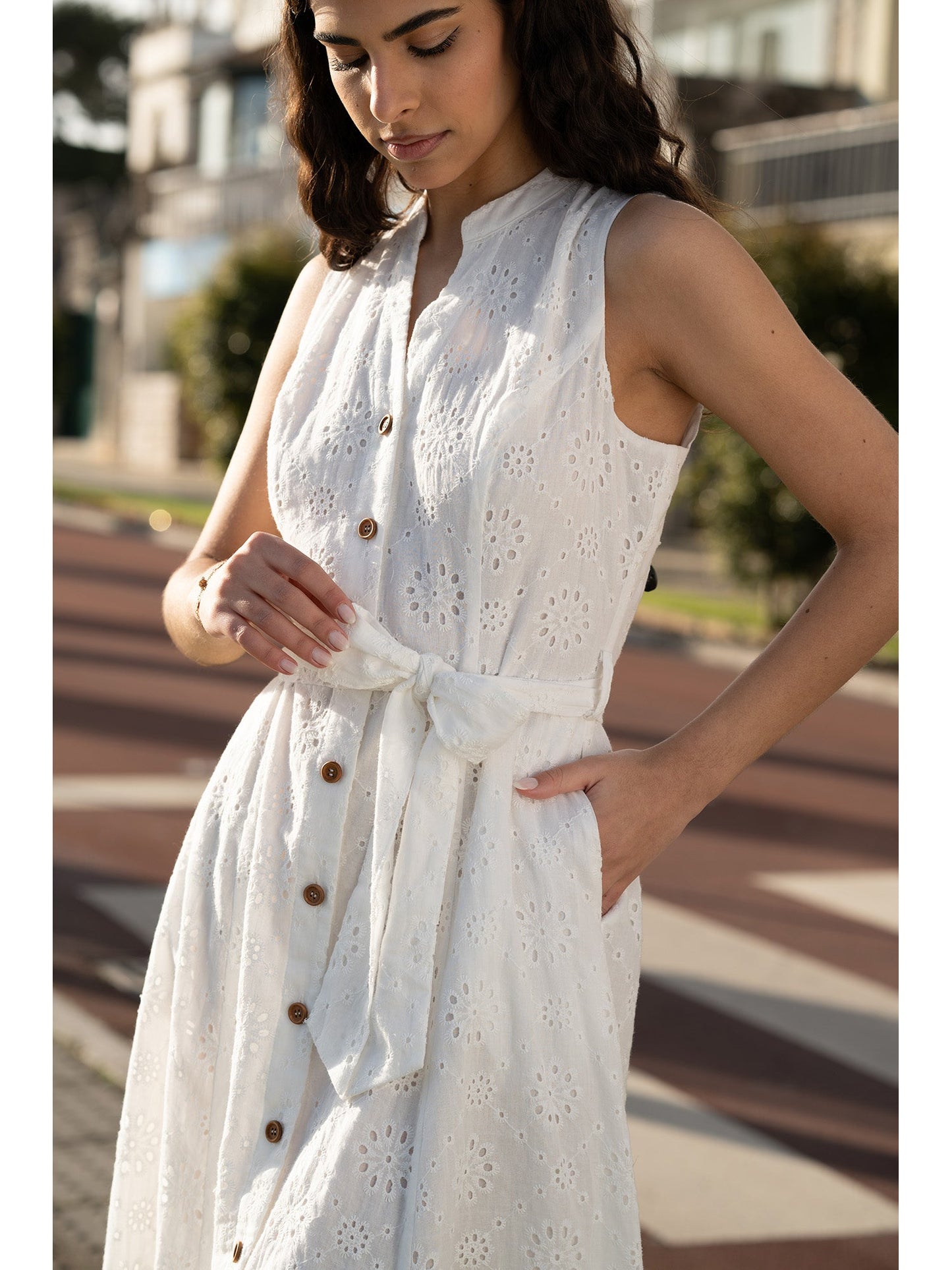 White Flower Broderie Anglaise Cotton Shirt Dress