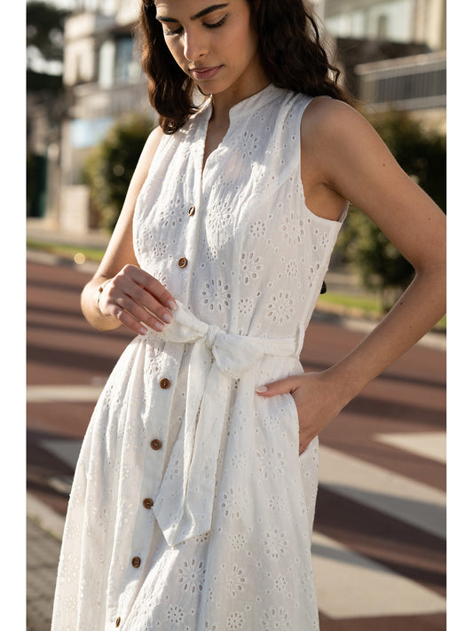 White Flower Broderie Anglaise Cotton Shirt Dress