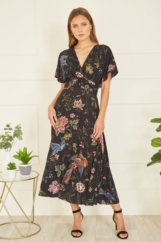 Black Bird & Floral Print Kimono Dress