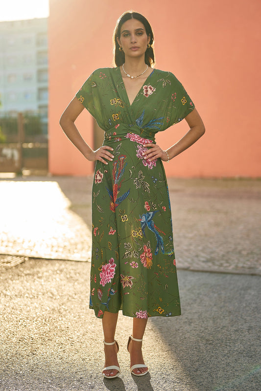 Green Bird and Floral Print Ruched Waist Kimono Midi Dress