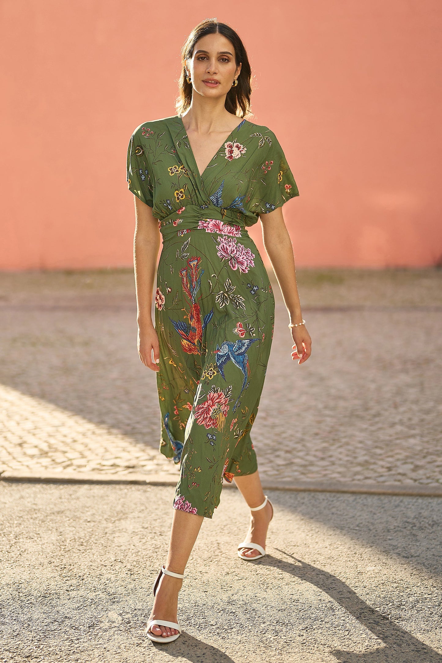 Green Bird and Floral Print Ruched Waist Kimono Midi Dress