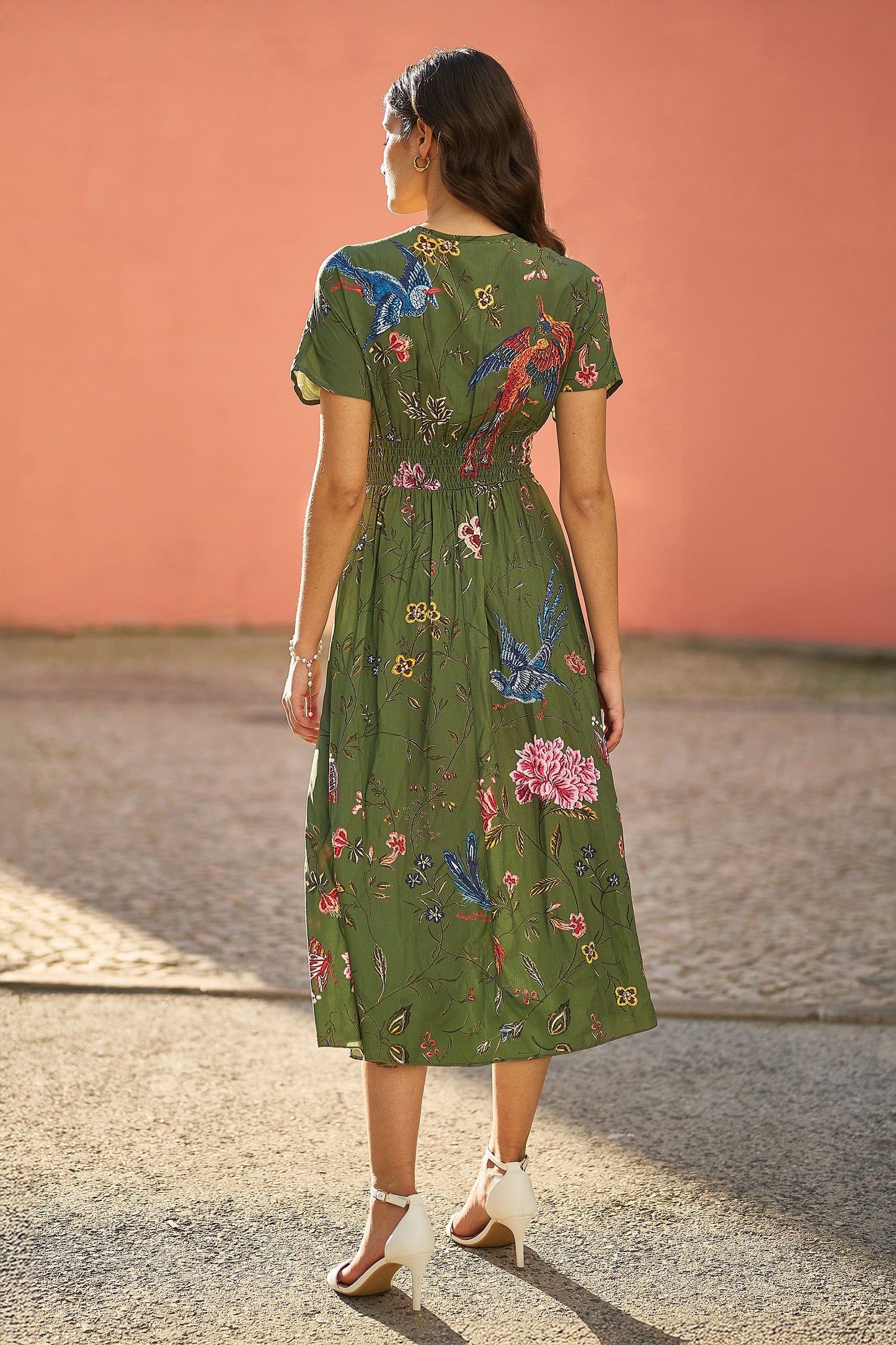 Green Bird and Floral Print Ruched Waist Kimono Midi Dress