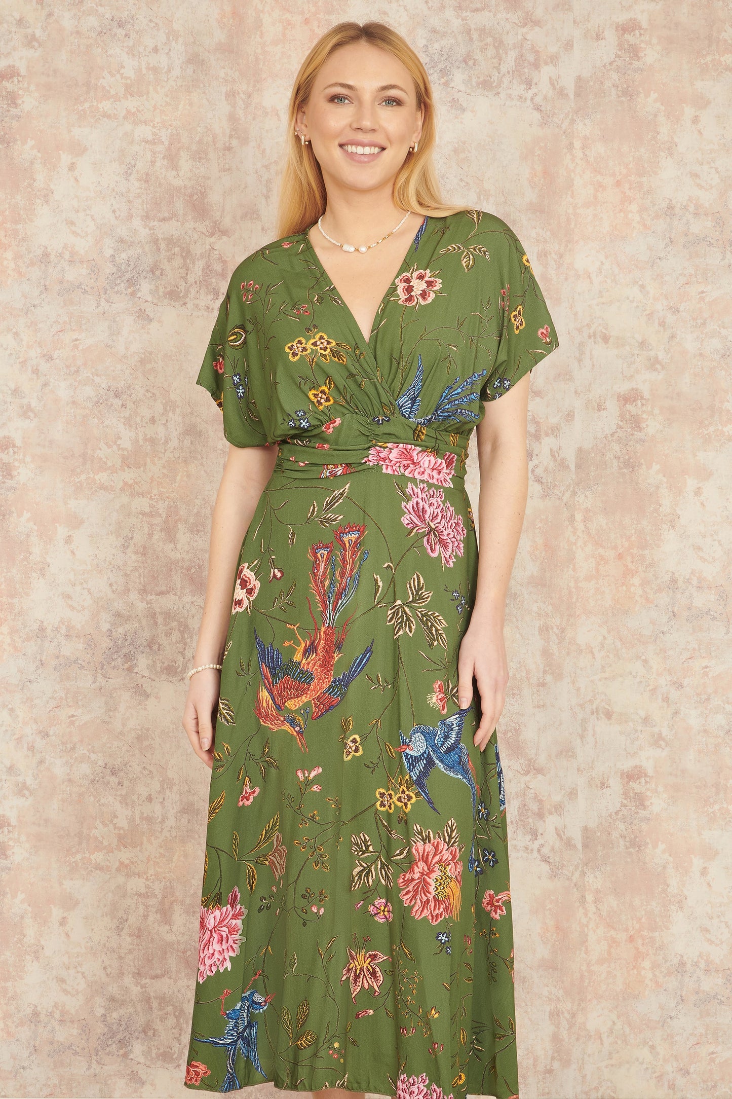 Green Bird and Floral Print Ruched Waist Kimono Midi Dress