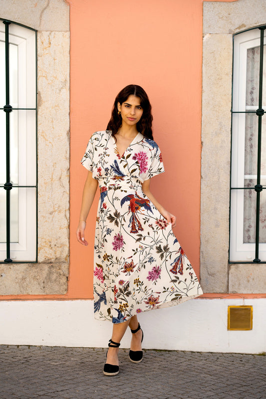 Ivory Bird and Floral Print Ruched Waist Kimono Midi Dress