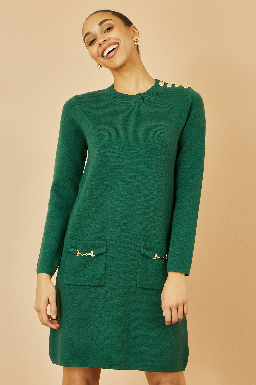 Green Knitted Tunic Dress With Gold Details