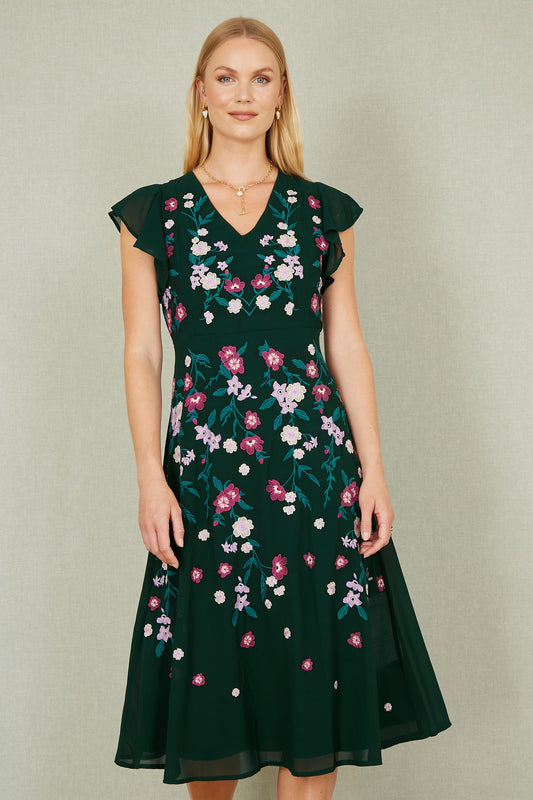 Green All Over Floral Embroidery Midi Skater Dress