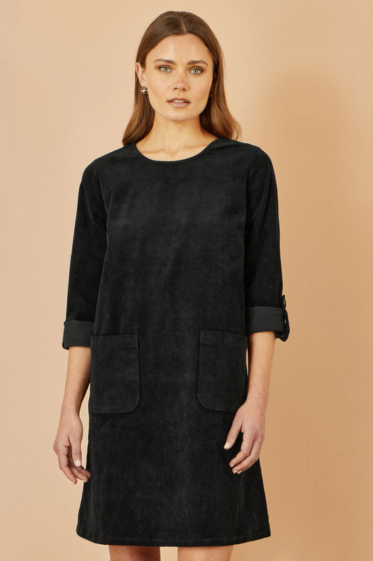 Black Cord Tunic Dress With 3/4 Sleeves And Pockets
