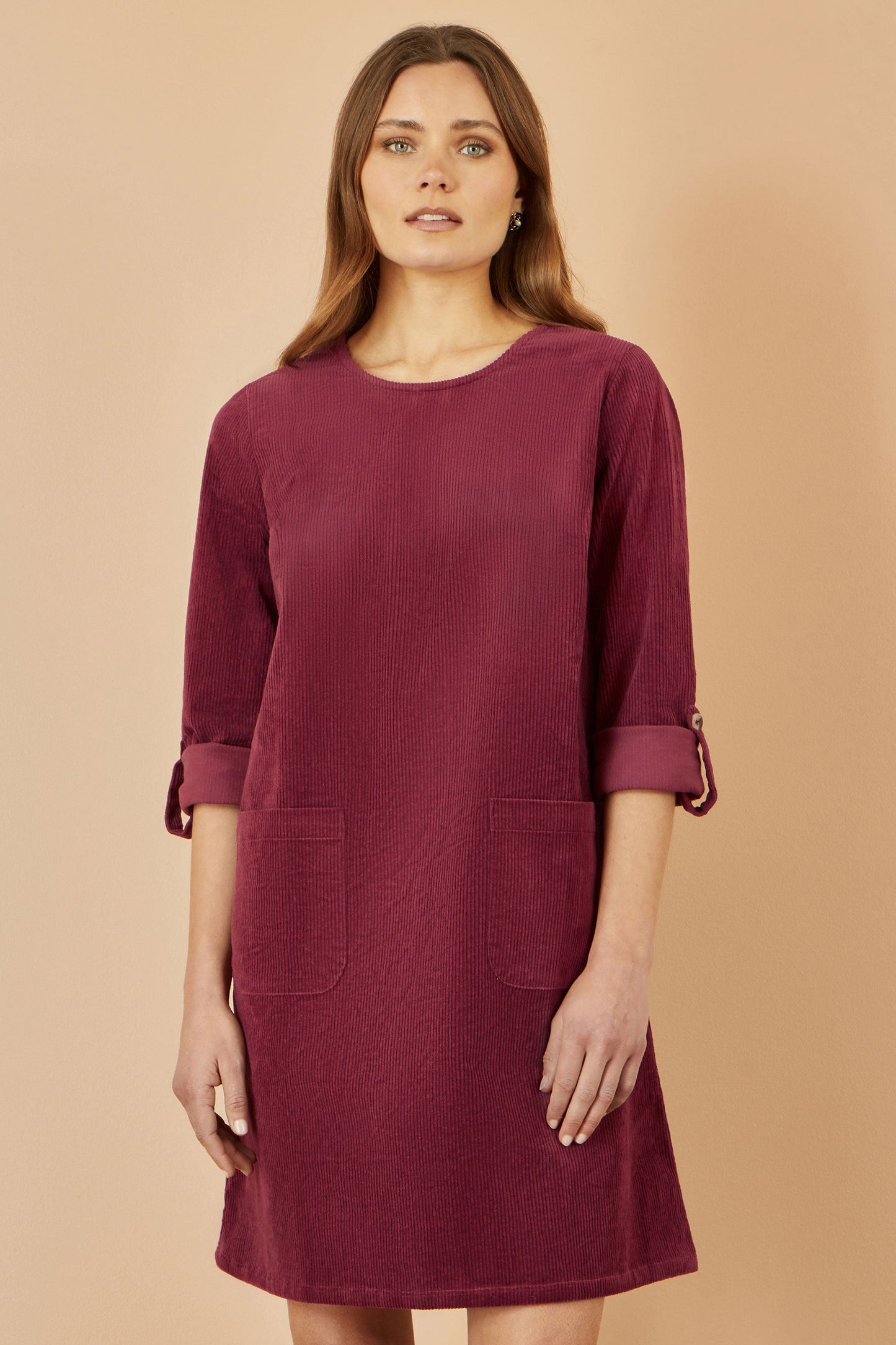 Burgundy Cord Tunic Dress With 3/4 Sleeves And Pockets - Sizes 8 to 16