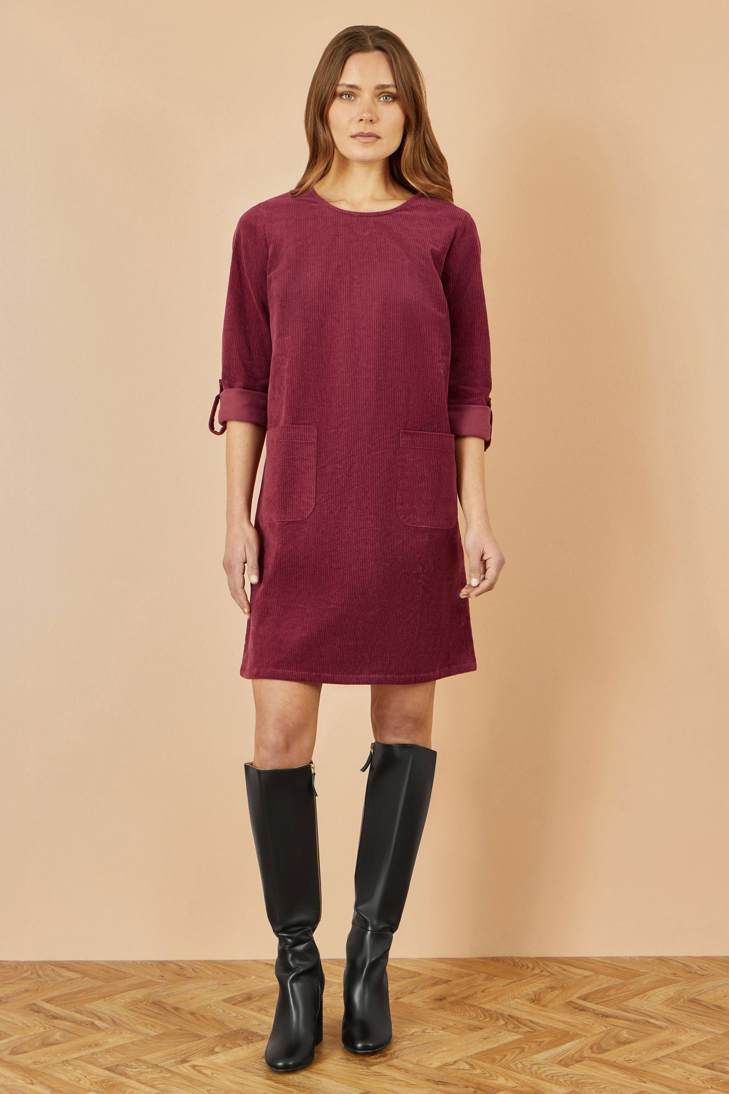 Burgundy Cord Tunic Dress With 3/4 Sleeves And Pockets - Sizes 8 to 16