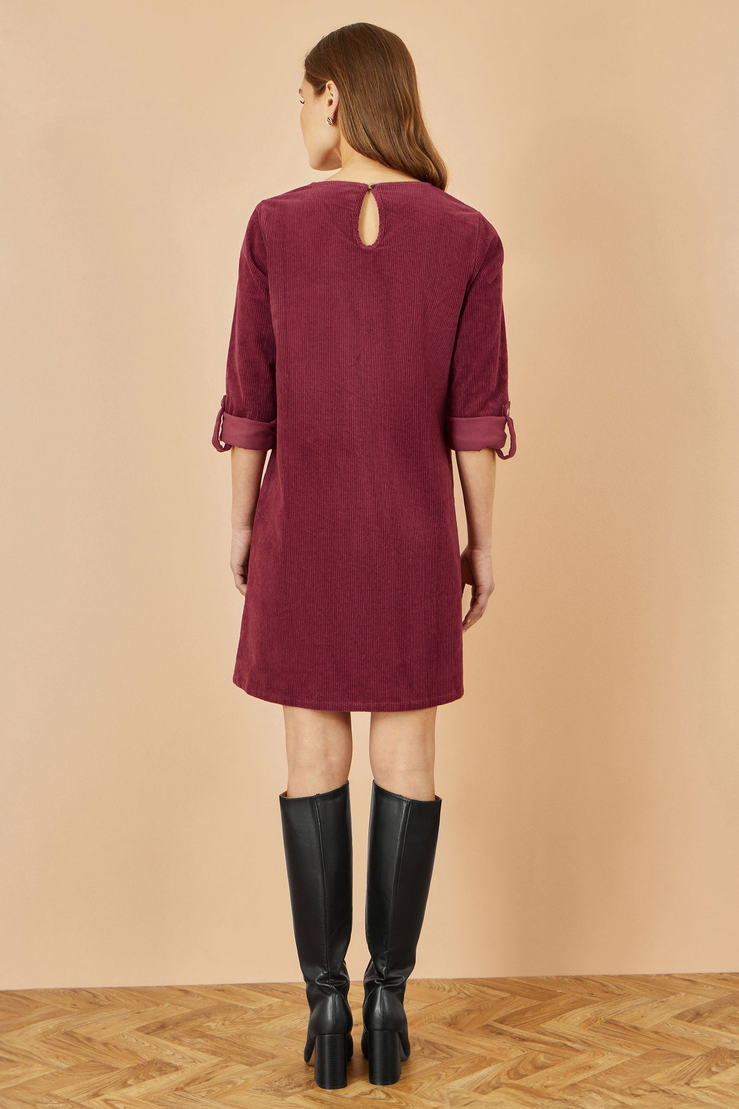 Burgundy Cord Tunic Dress With 3/4 Sleeves And Pockets - Sizes 8 to 16