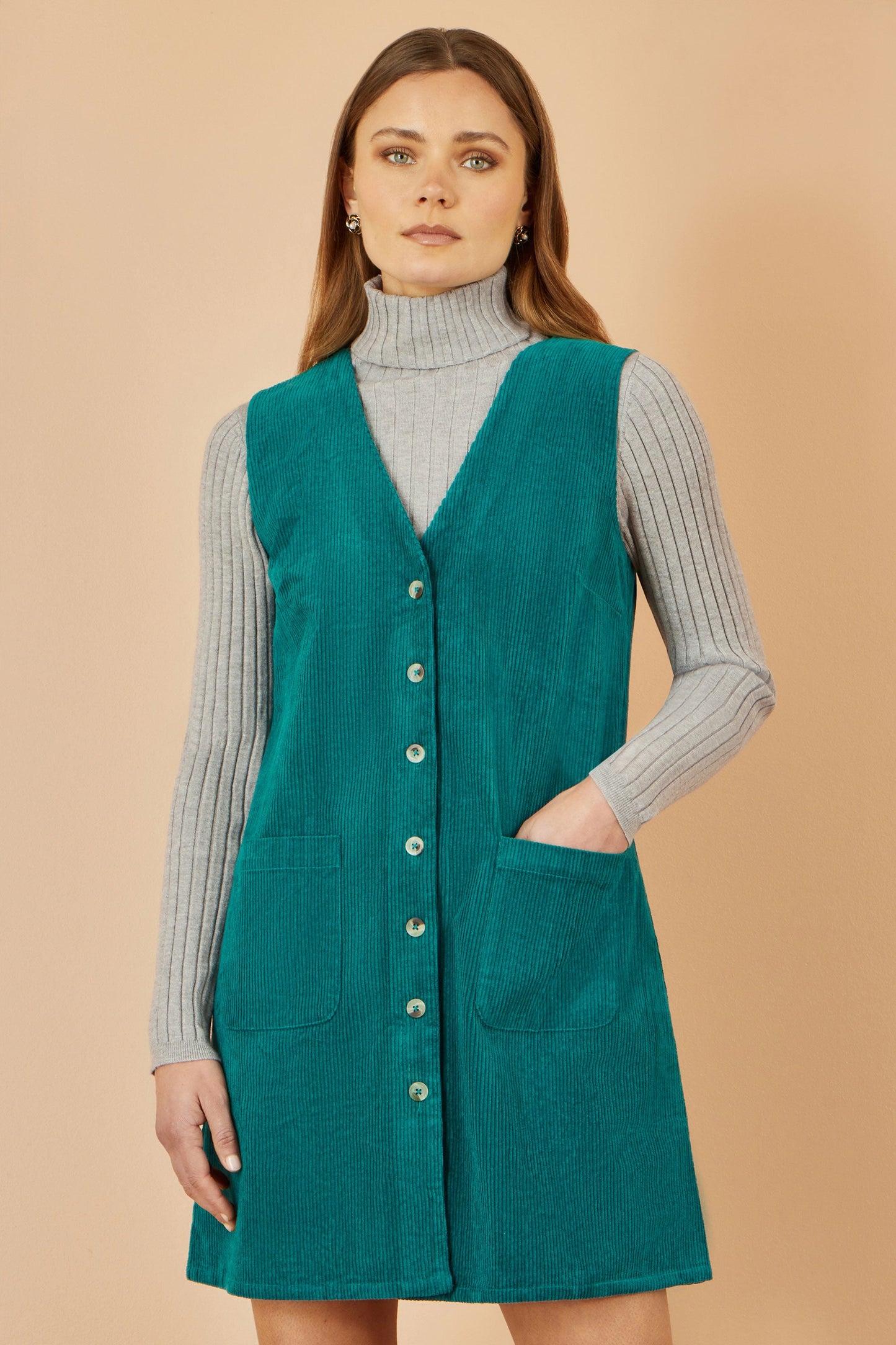 Teal Cord Button Through Pinafore Dress With Pockets - Sizes 8 to 16