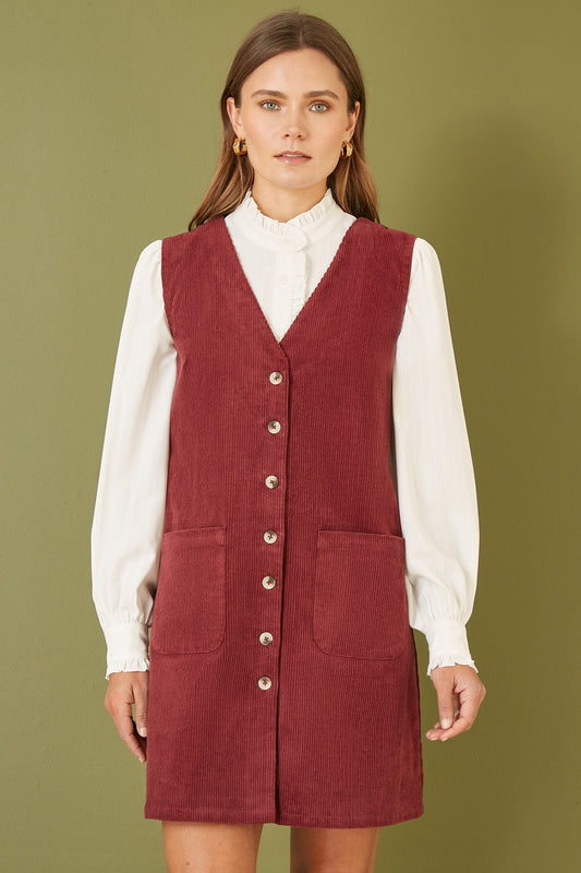 Burgundy Cord Pinafore Dress