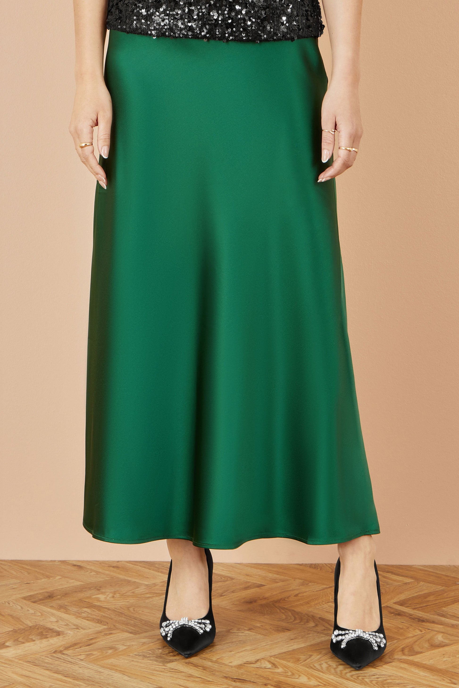 Green Satin Midi Skirt - Sizes 8 to 16