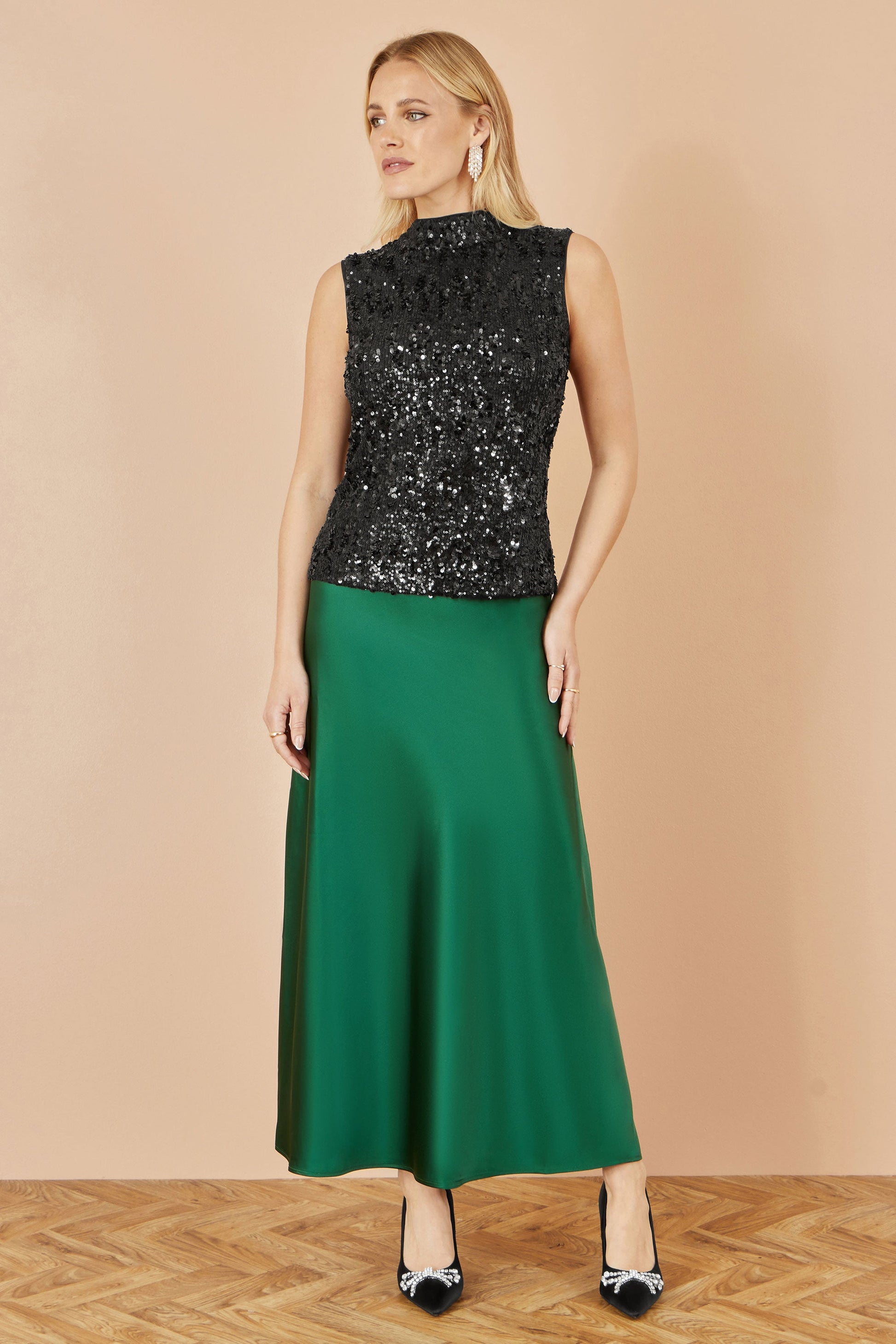 Green Satin Midi Skirt - Sizes 8 to 16