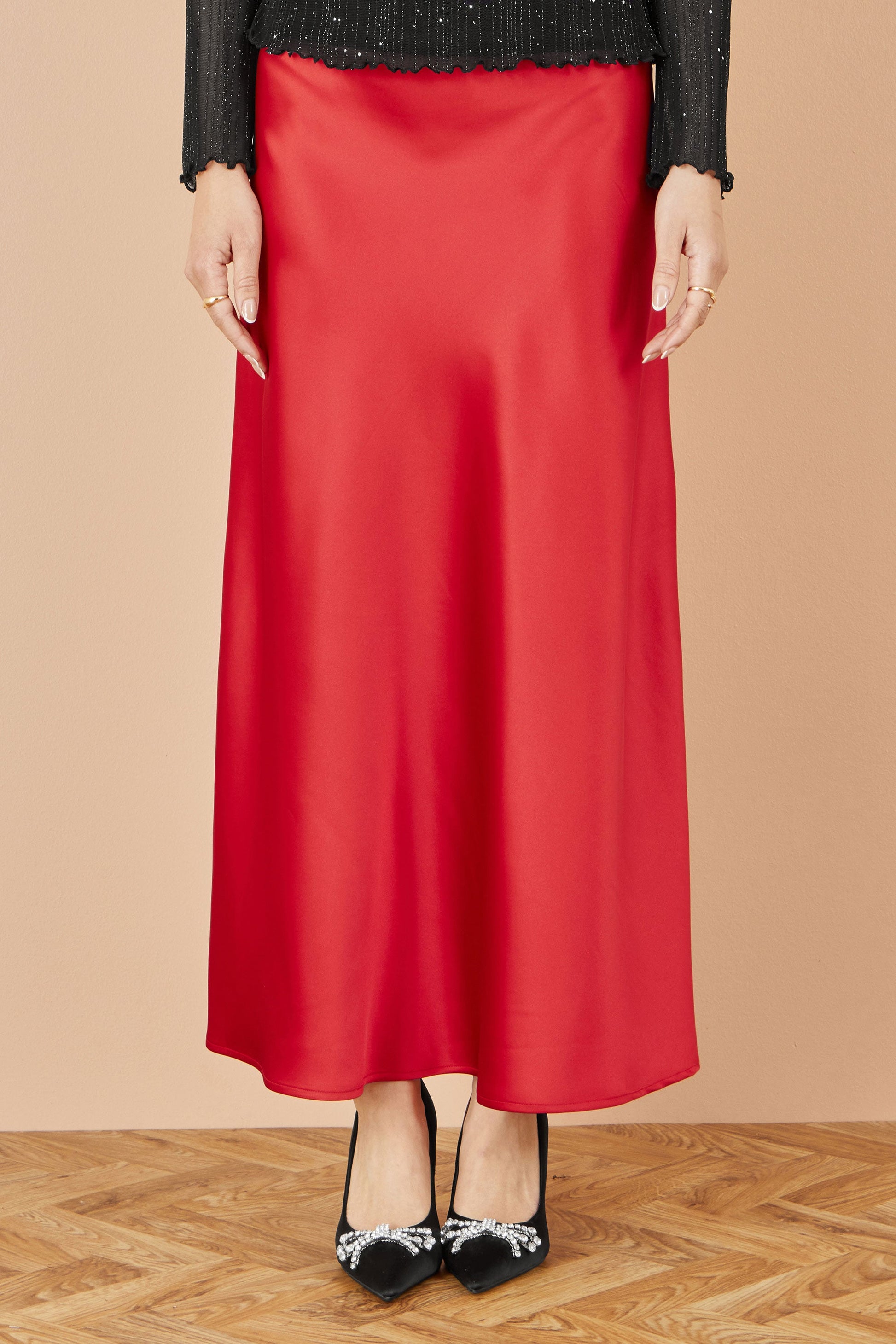 Red Satin Midi Skirt - Sizes 8 to 16