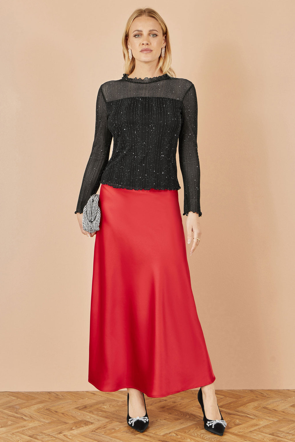 Red Satin Midi Skirt - Sizes 8 to 16