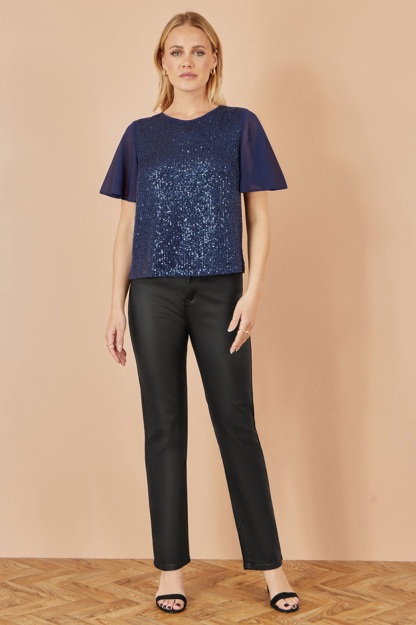 Navy Sequin Top With Sheer Sleeves And Cut Out Back - Size 8 to 24