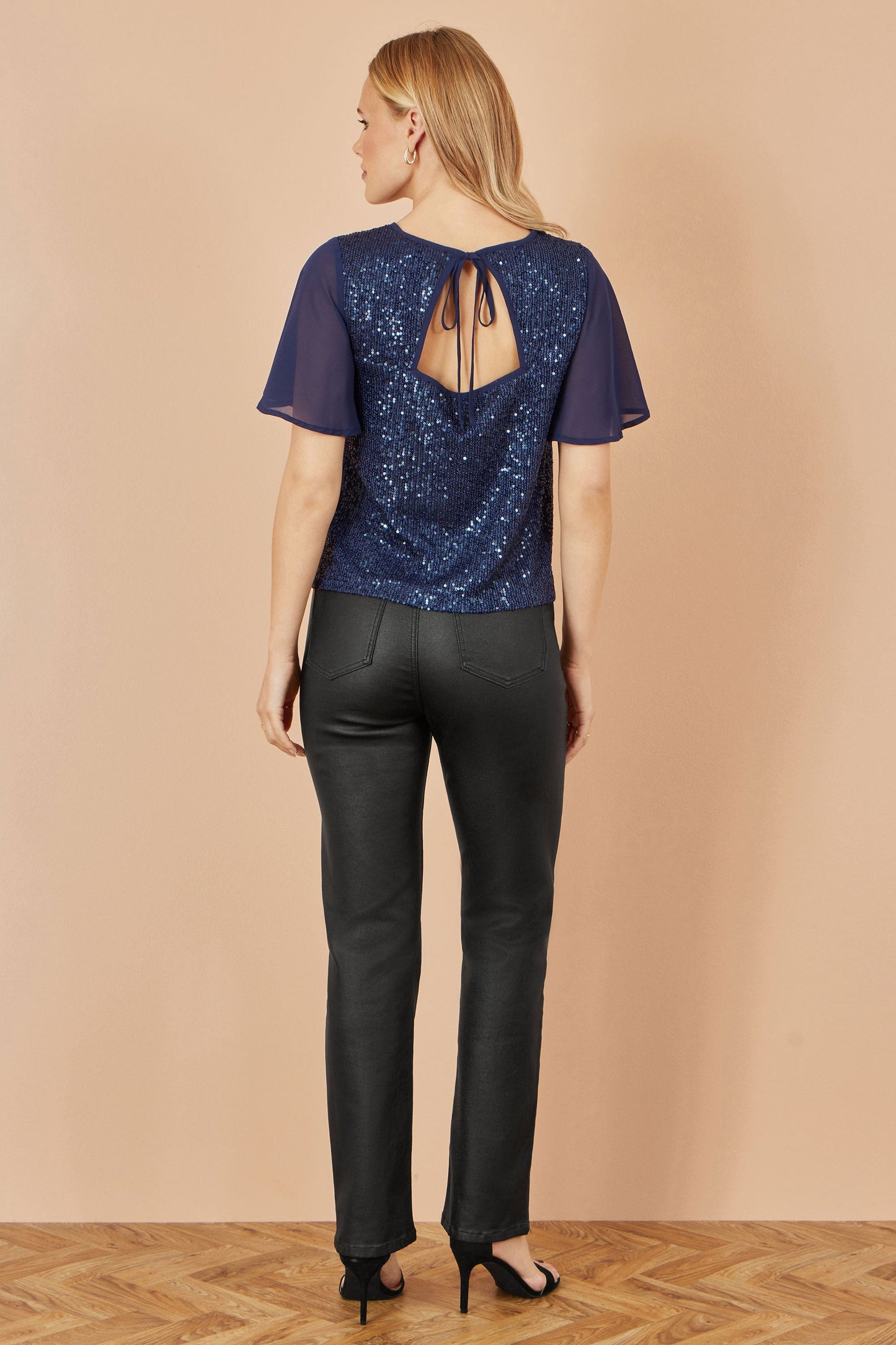 Navy Sequin Top With Sheer Sleeves And Cut Out Back - Size 8 to 24