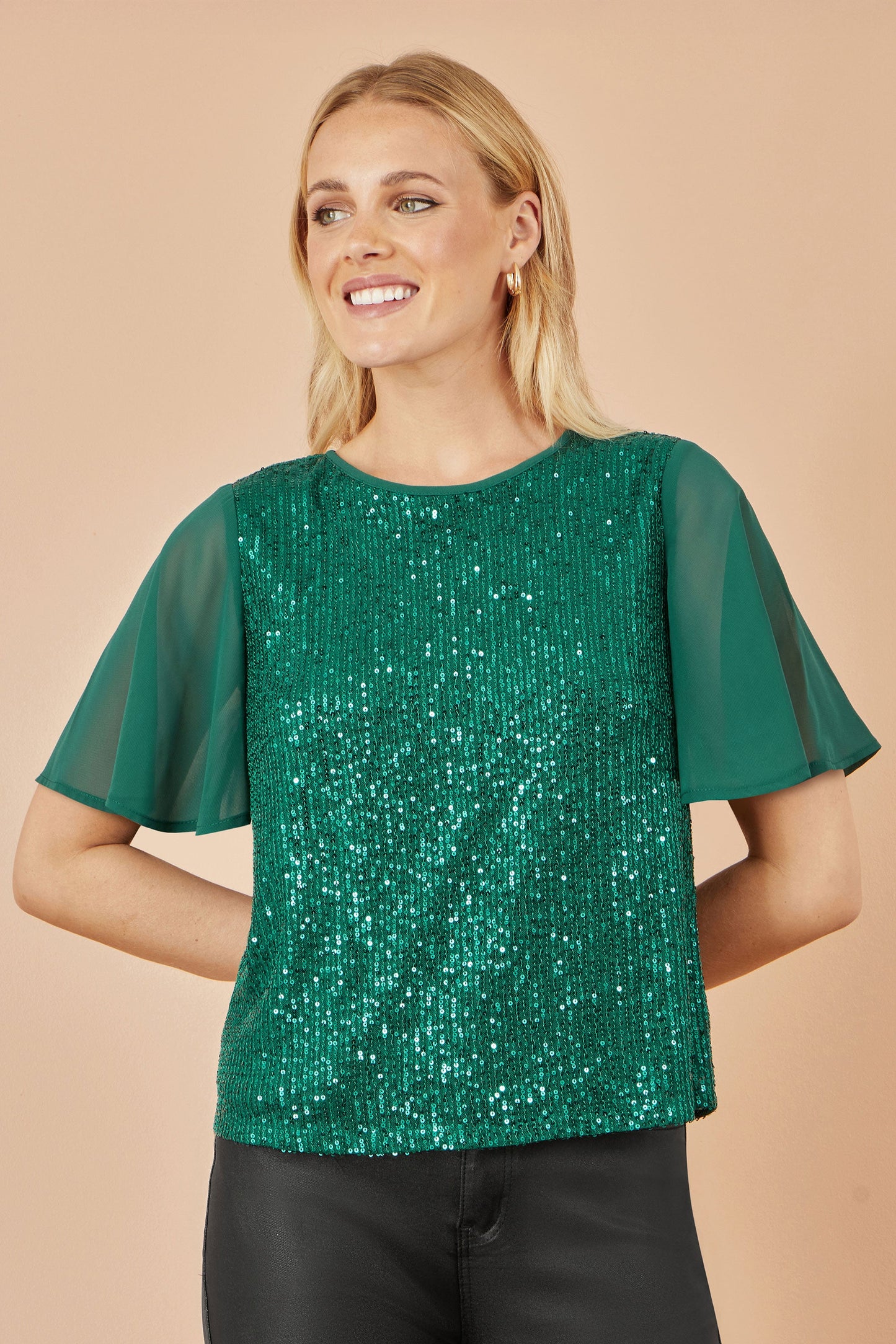 Green Sequin Top With Sheer Sleeves And Cut Out Back