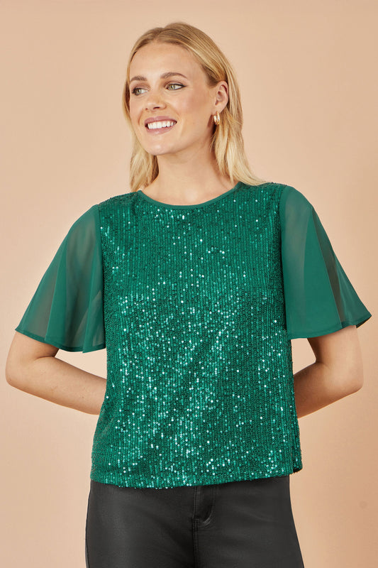 Green Sequin Top With Sheer Sleeves And Cut Out Back