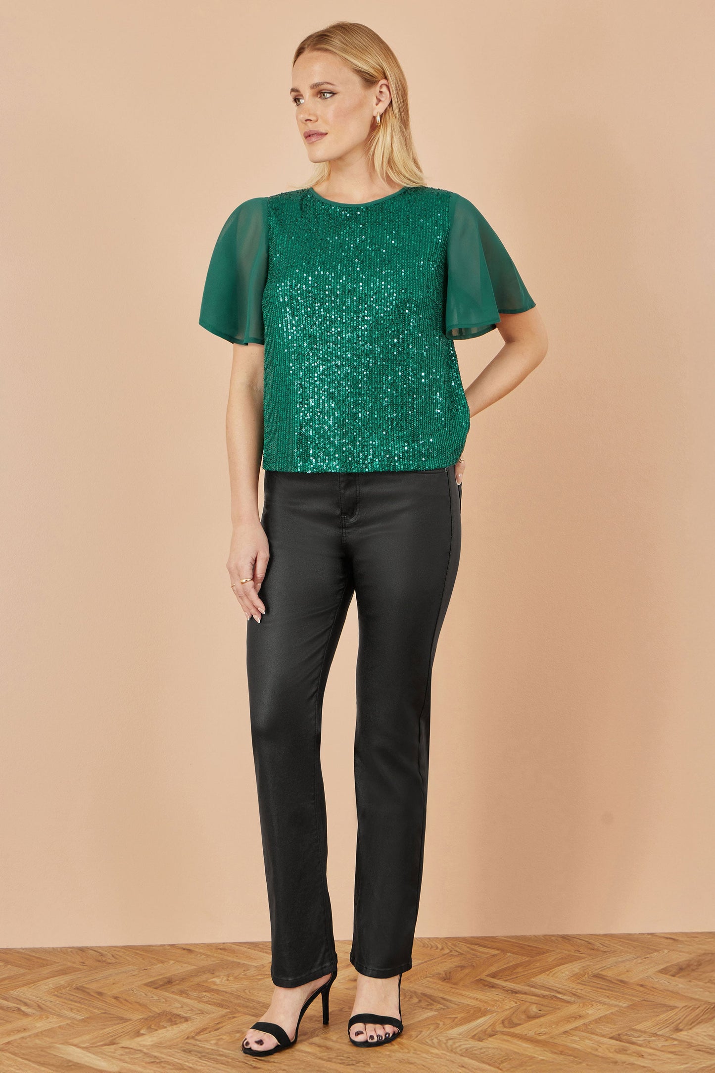 Green Sequin Top With Sheer Sleeves And Cut Out Back