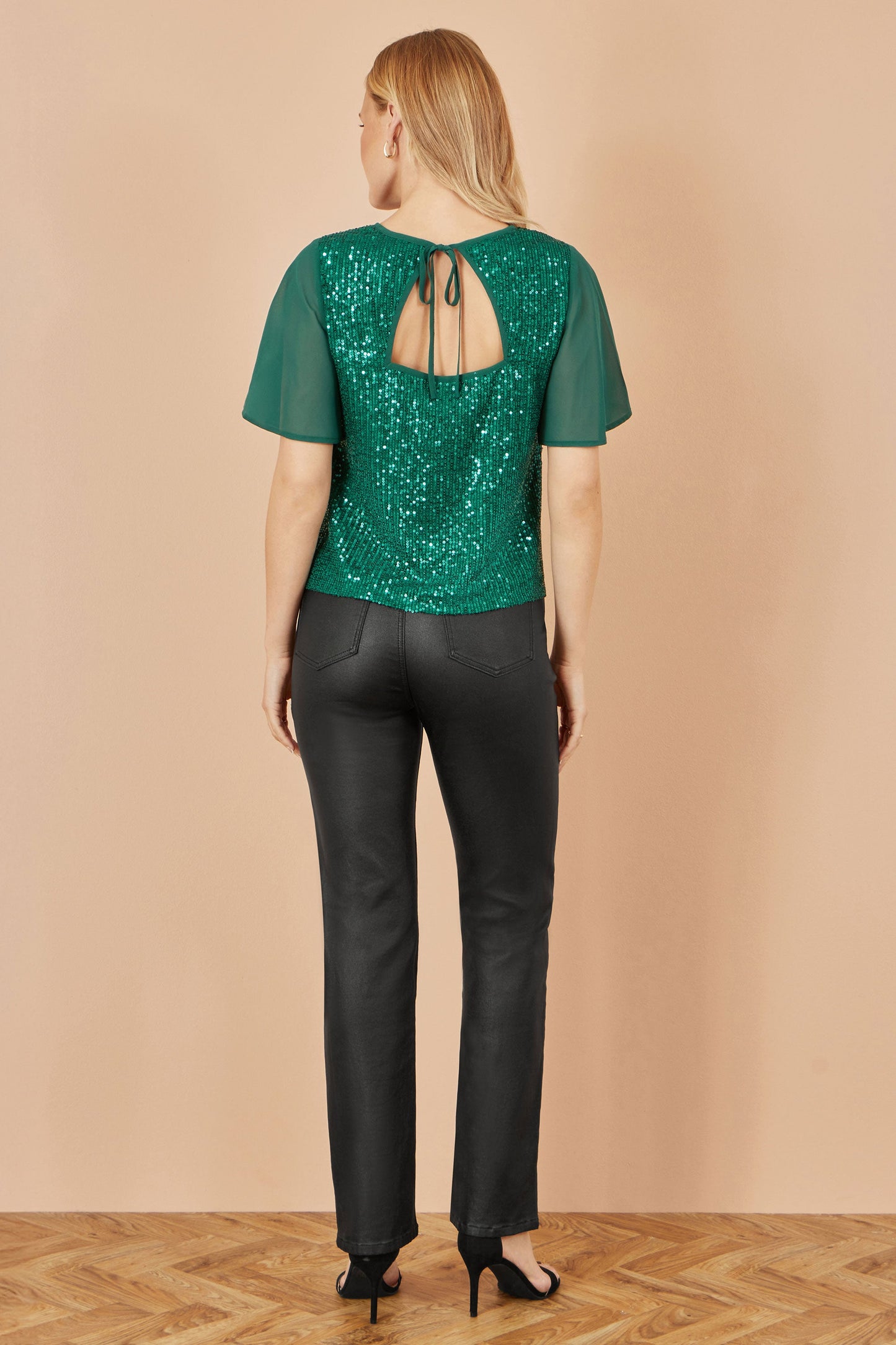 Green Sequin Top With Sheer Sleeves And Cut Out Back