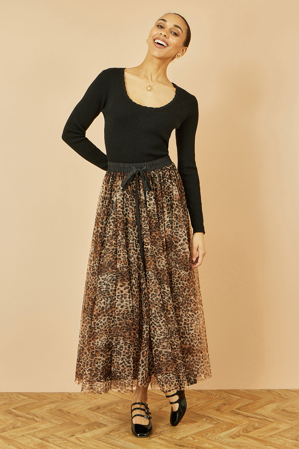 Brown Leopard Tulle Skirt | Women's Animal Print Midi Skirt