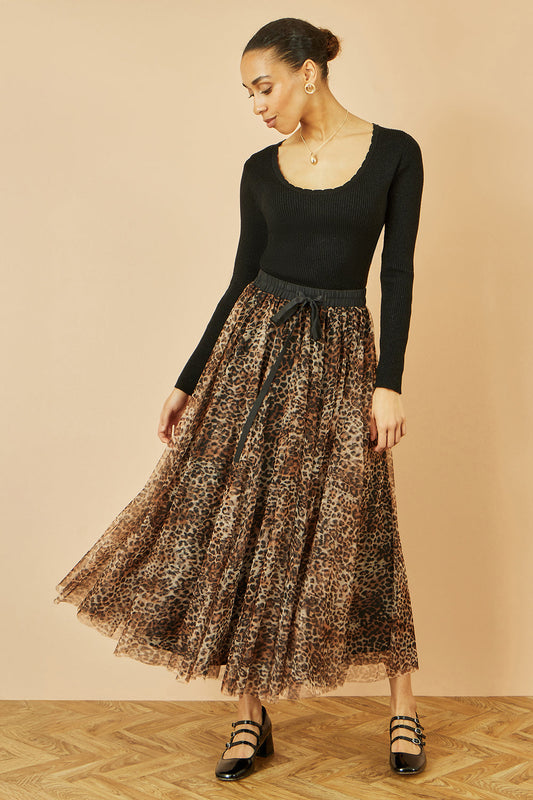 Brown Leopard Tulle Skirt | Women's Animal Print Midi Skirt