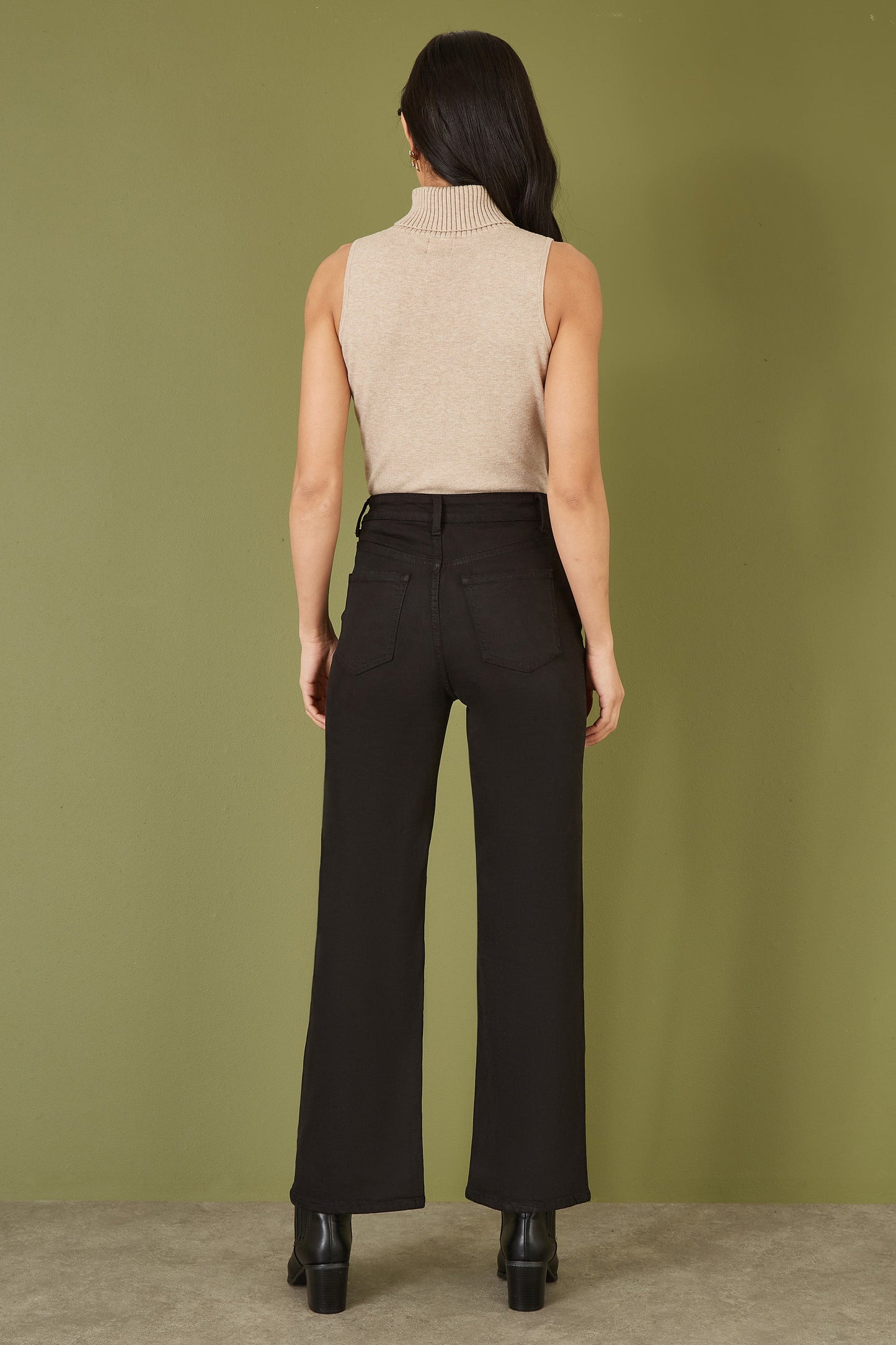 Black Stretch Canvas Wide Leg High Waist Jeans