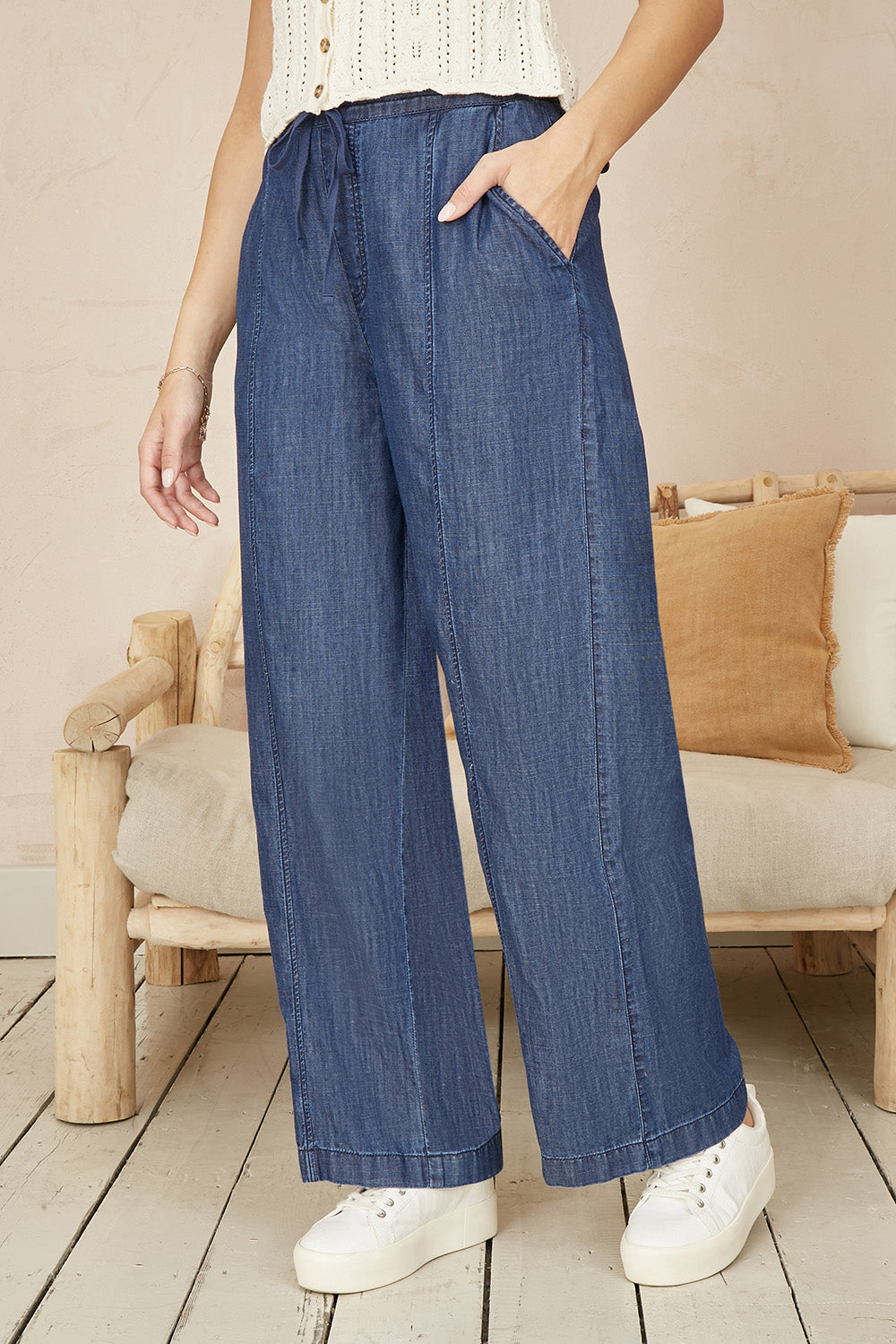 Blue Chambray Relaxed Fit Wide Leg Trousers