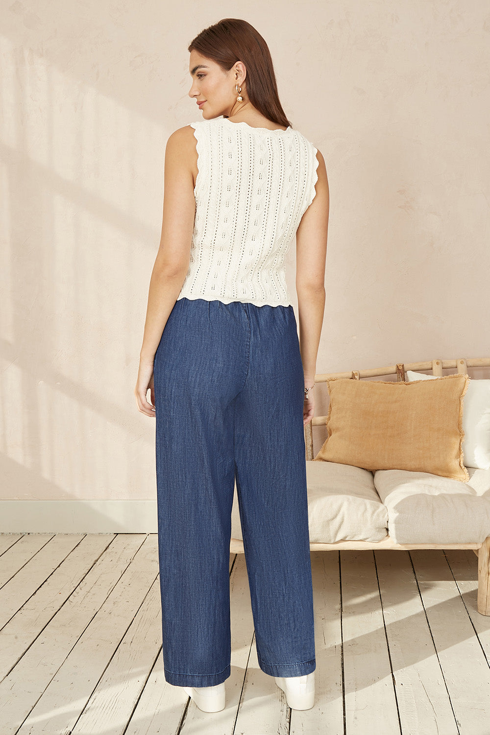 Blue Chambray Relaxed Fit Wide Leg Trousers