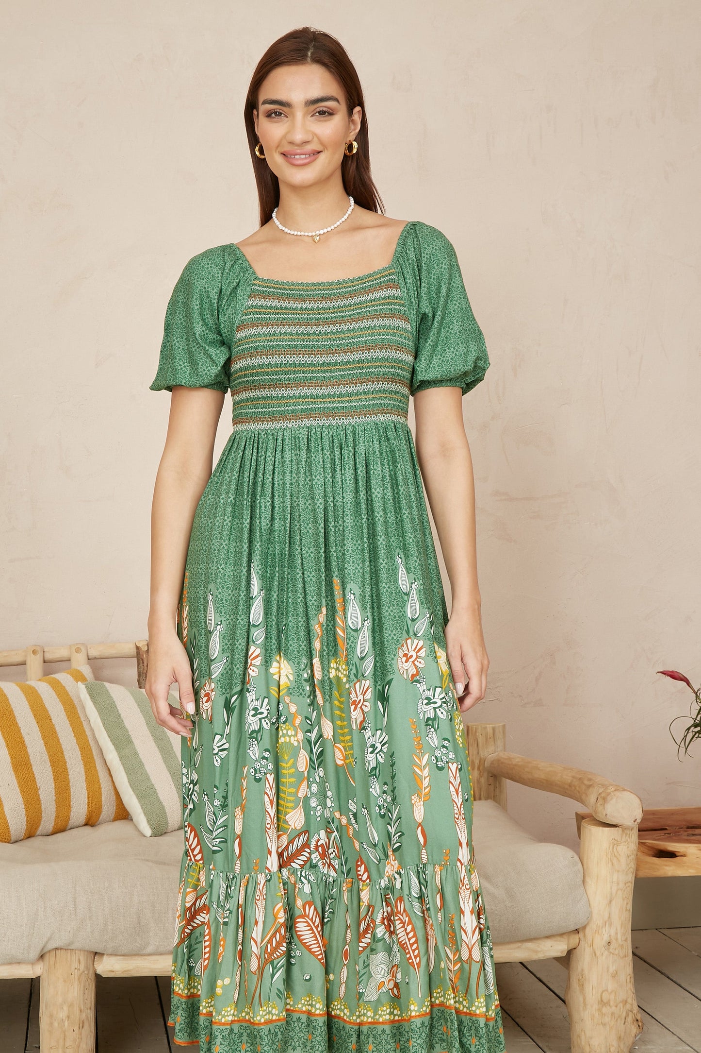 Green Ruched Leaf Print Maxi Dress With Puff Sleeves