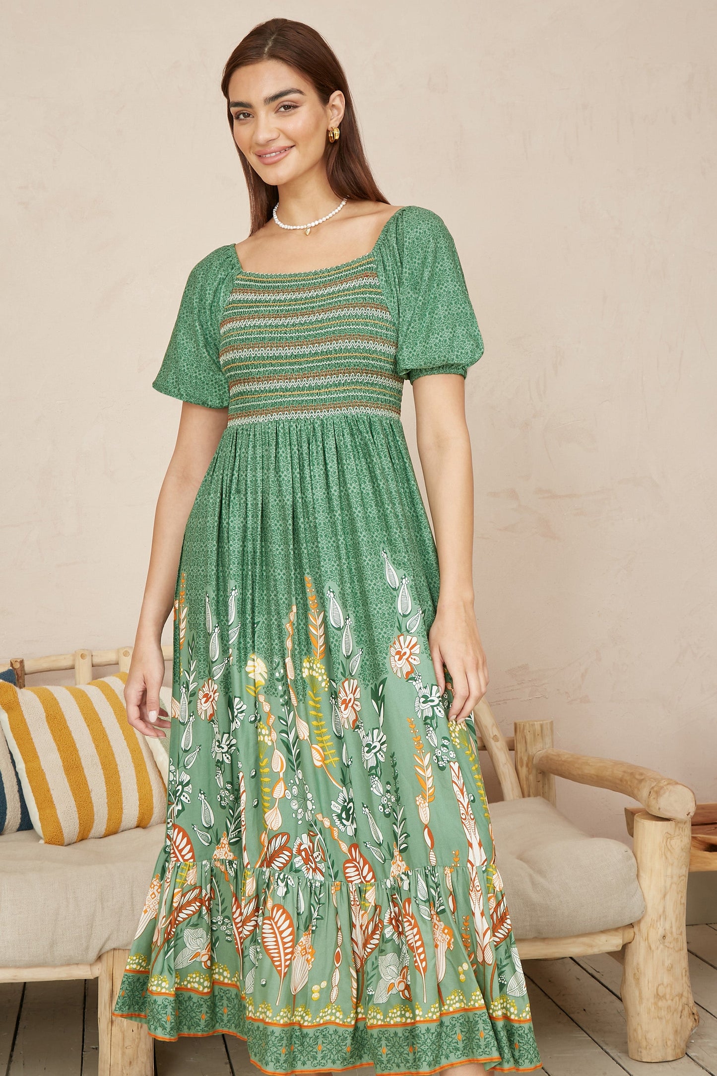 Green Ruched Leaf Print Maxi Dress With Puff Sleeves