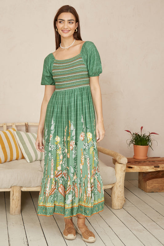 Green Ruched Leaf Print Maxi Dress With Puff Sleeves