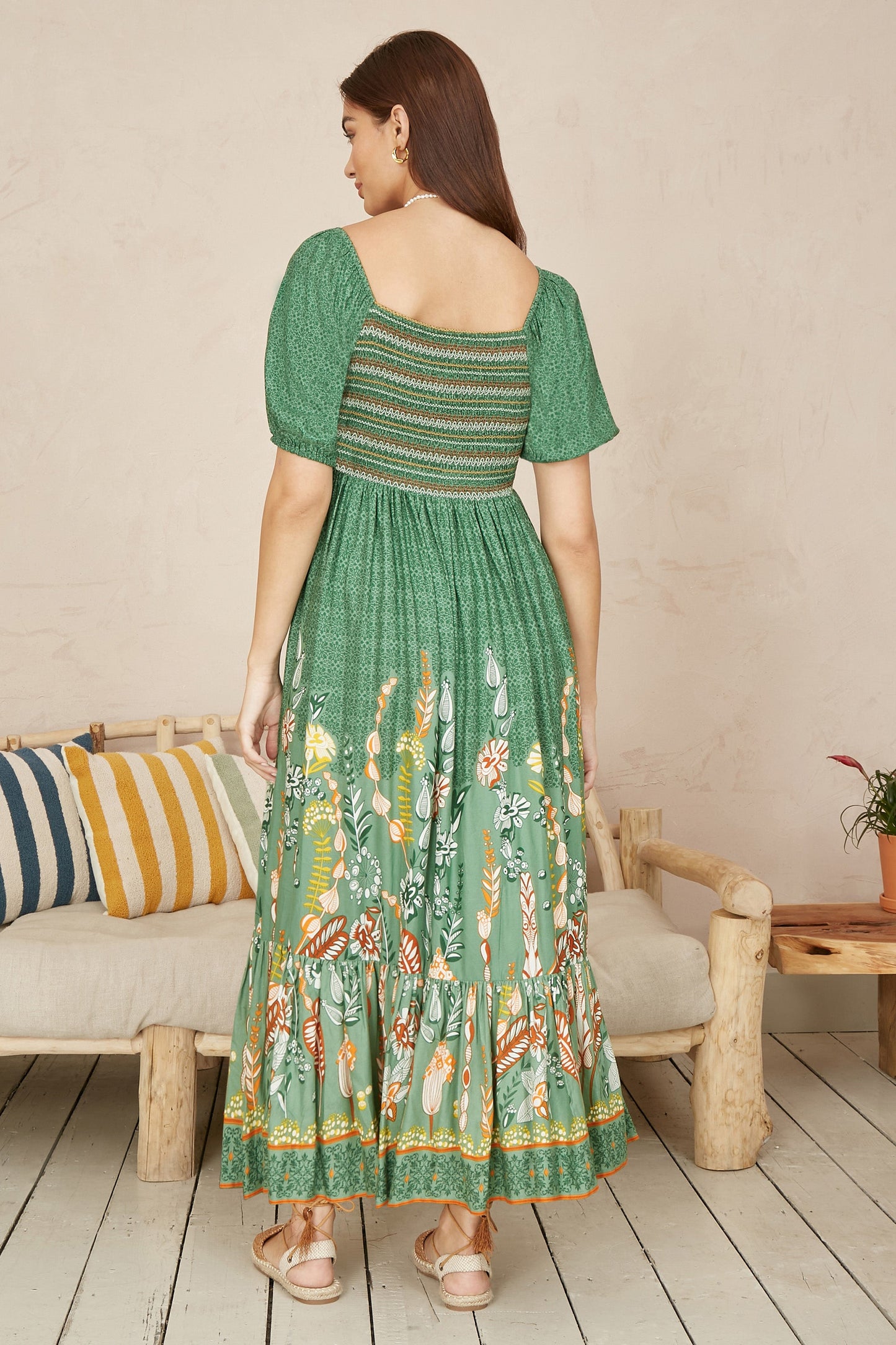 Green Ruched Leaf Print Maxi Dress With Puff Sleeves