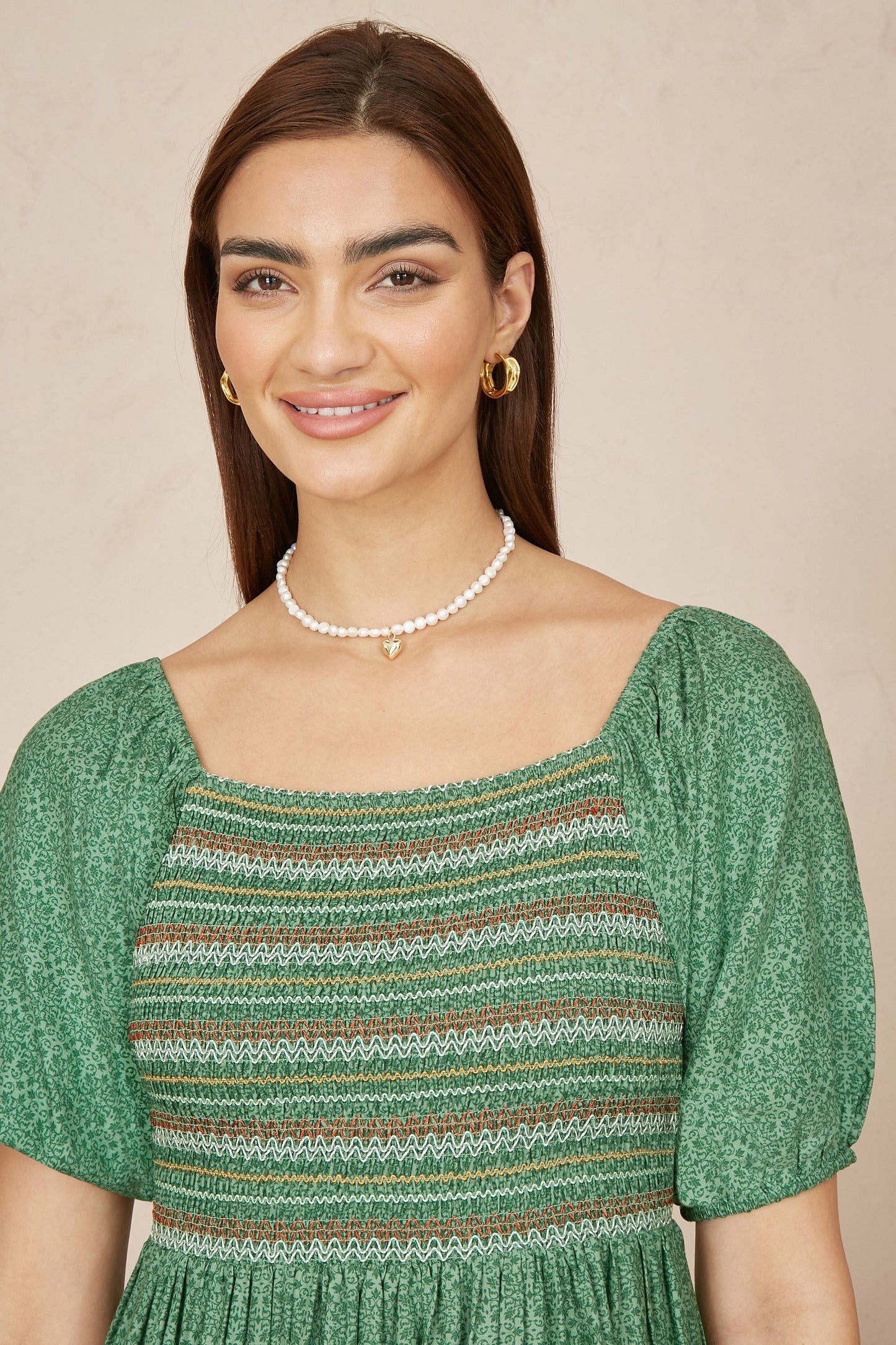 Green Ruched Leaf Print Maxi Dress With Puff Sleeves