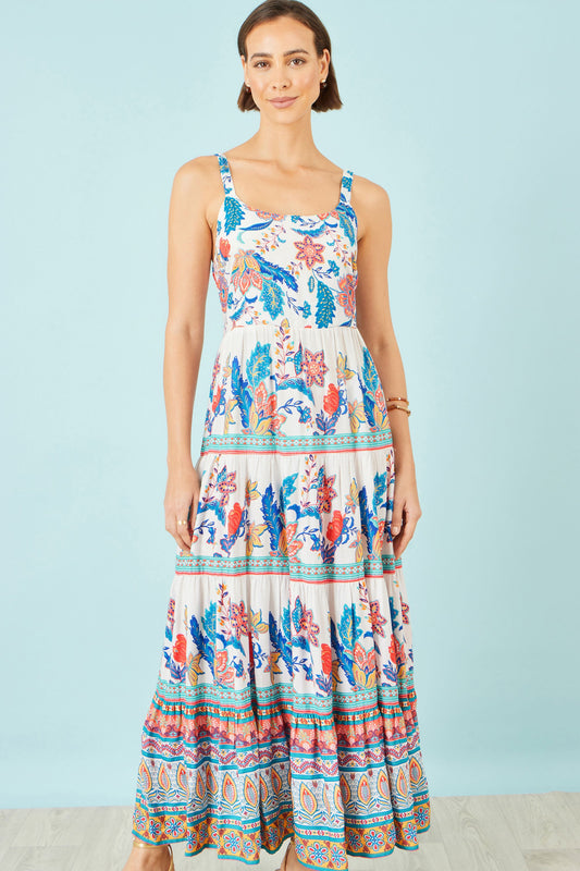 Blue Boho Block Print Tiered Maxi Dress