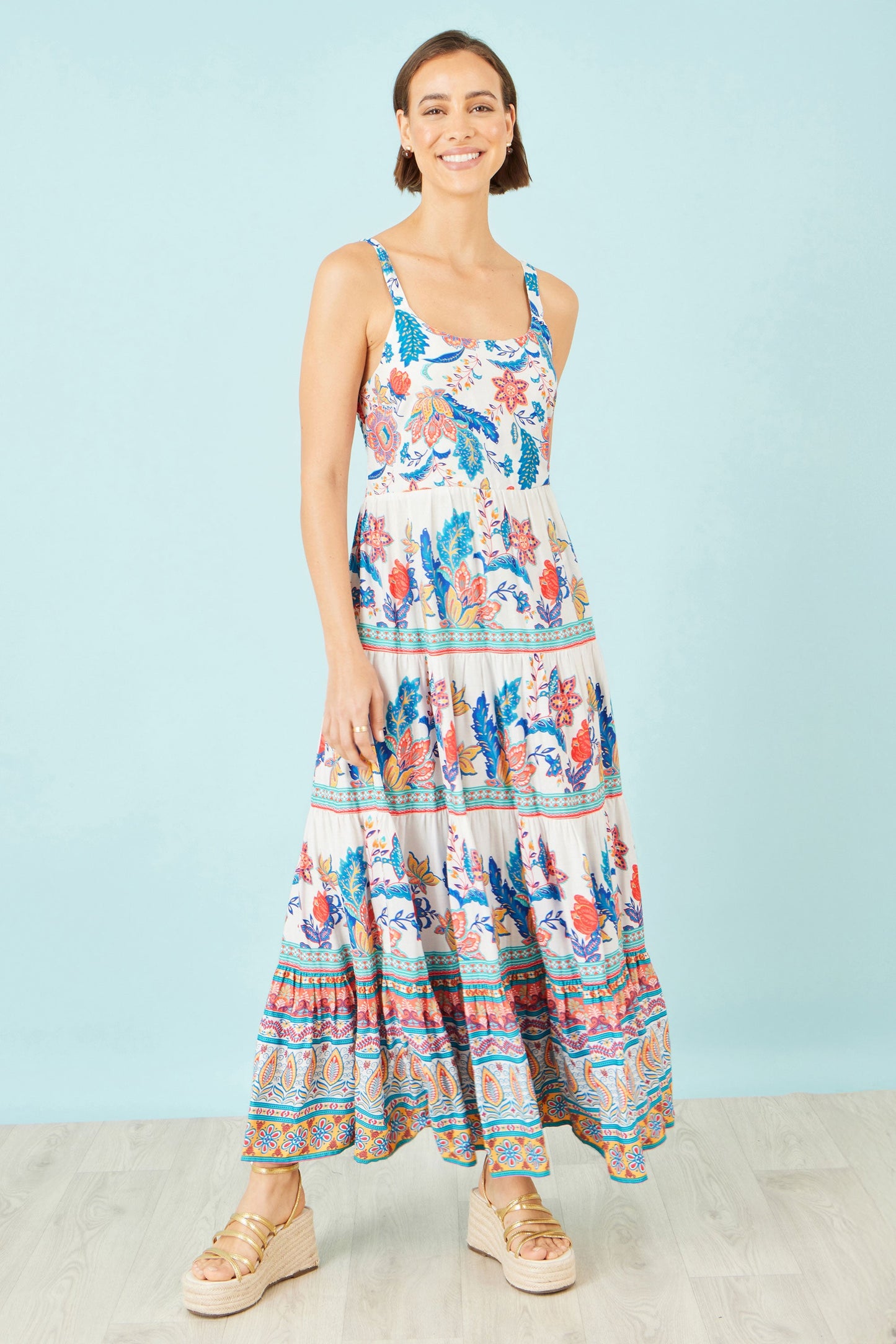Blue Boho Block Print Tiered Maxi Dress