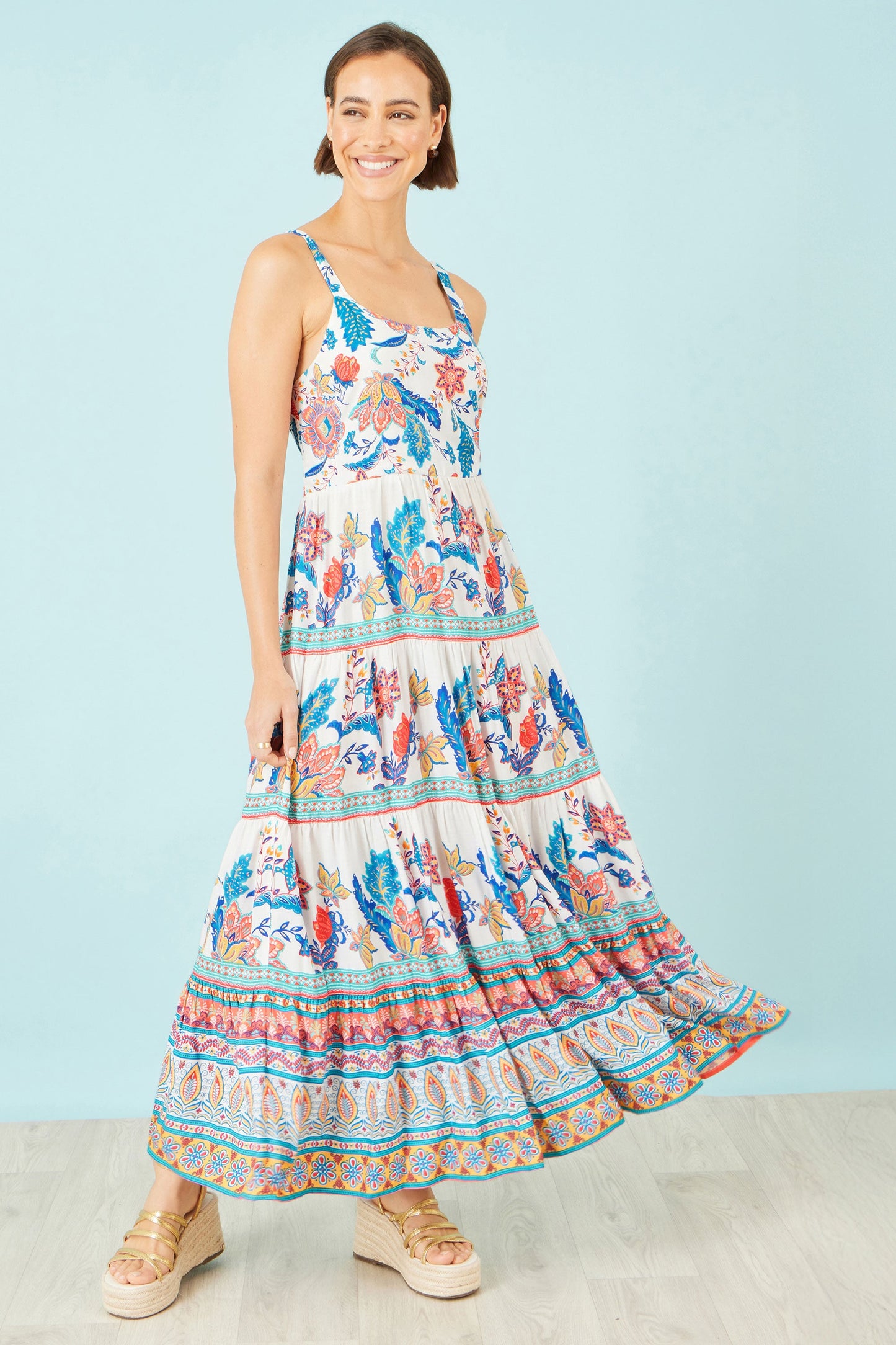 Blue Boho Block Print Tiered Maxi Dress
