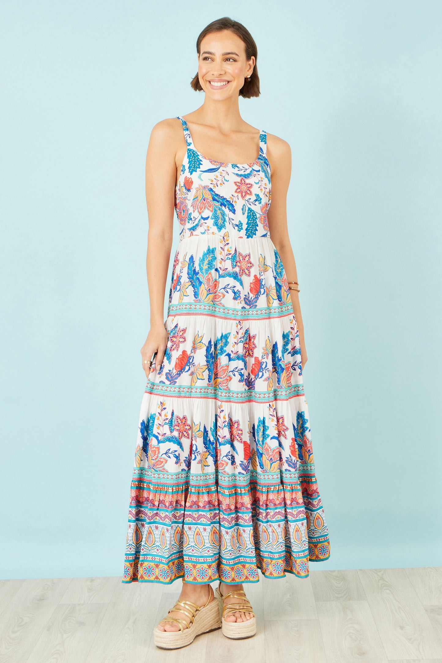 Blue Boho Block Print Tiered Maxi Dress