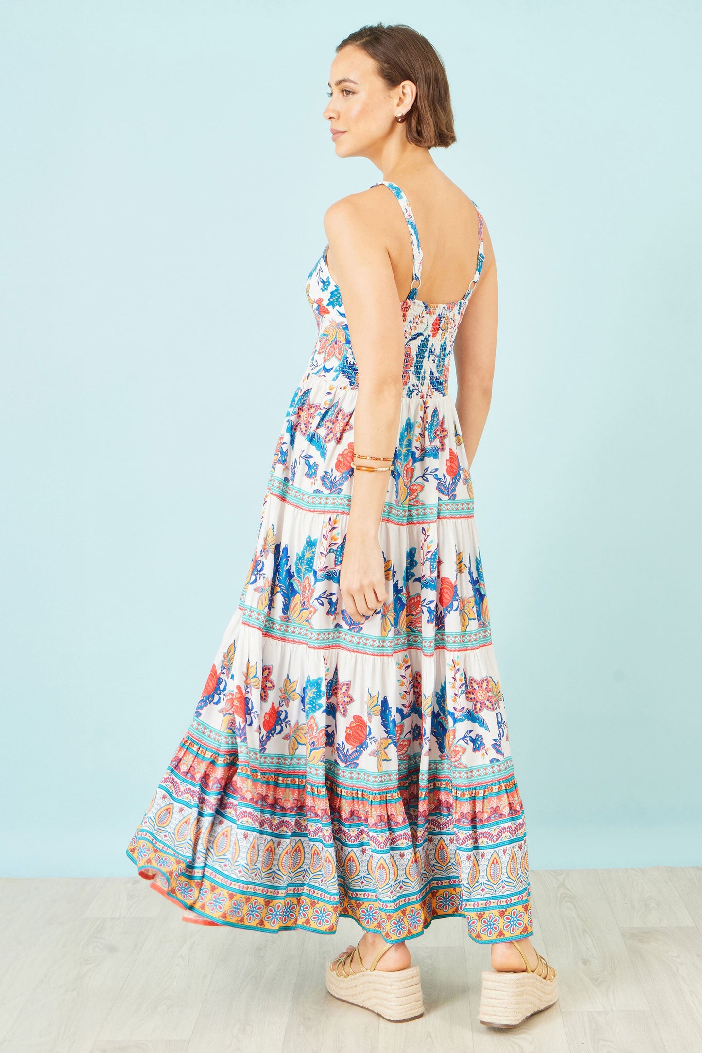 Blue Boho Block Print Tiered Maxi Dress