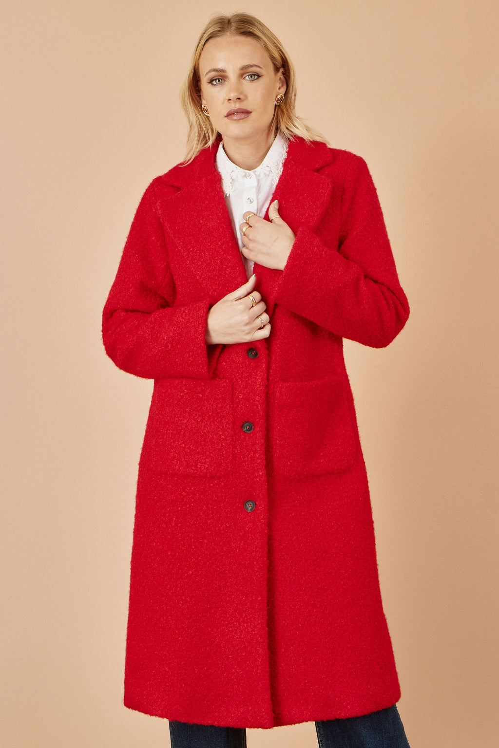 Red Boucle Long Line Coat - Sizes 8 to 16
